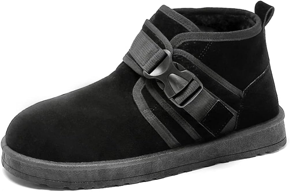暖かいムートンブーツスエード調メンズスノーブーツショートブーツハイカットバックルベルトフラットウ..