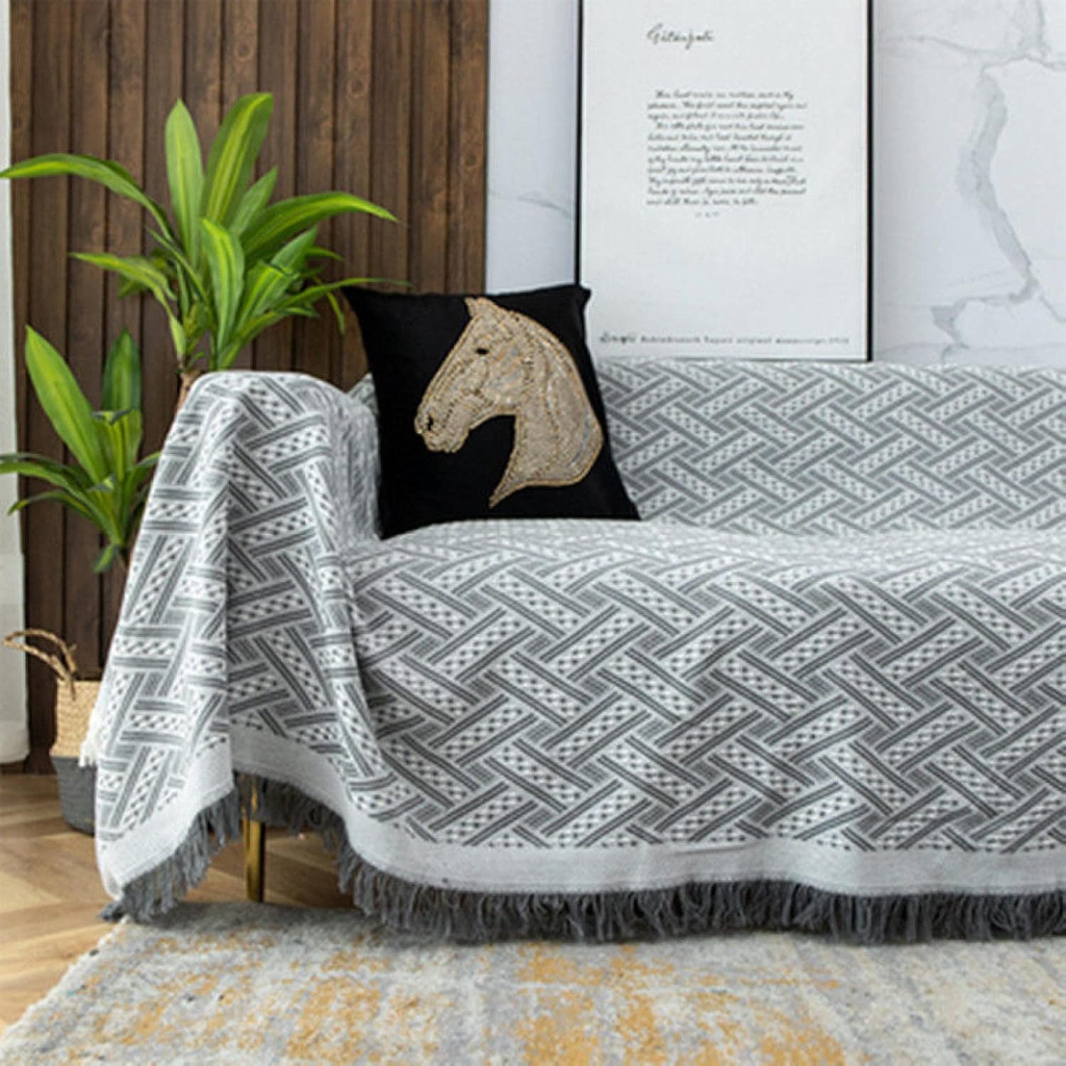 マルチカバー ソファー ソファカバー 180*230 フリンジ カーペット対応 グレーC ブランケット 綿麻 長..