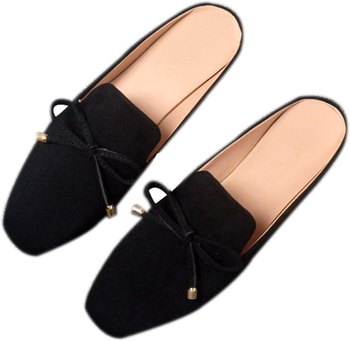 スクエアトゥ 蝶結び 大きいサイズ ミュール サンダル オール シーズン レディース 歩きやすい ローヒール 黒 スエード おしゃれ 痛くない ぺたんこ カジュアル 小さいサイズ バブーシュ 春夏 秋