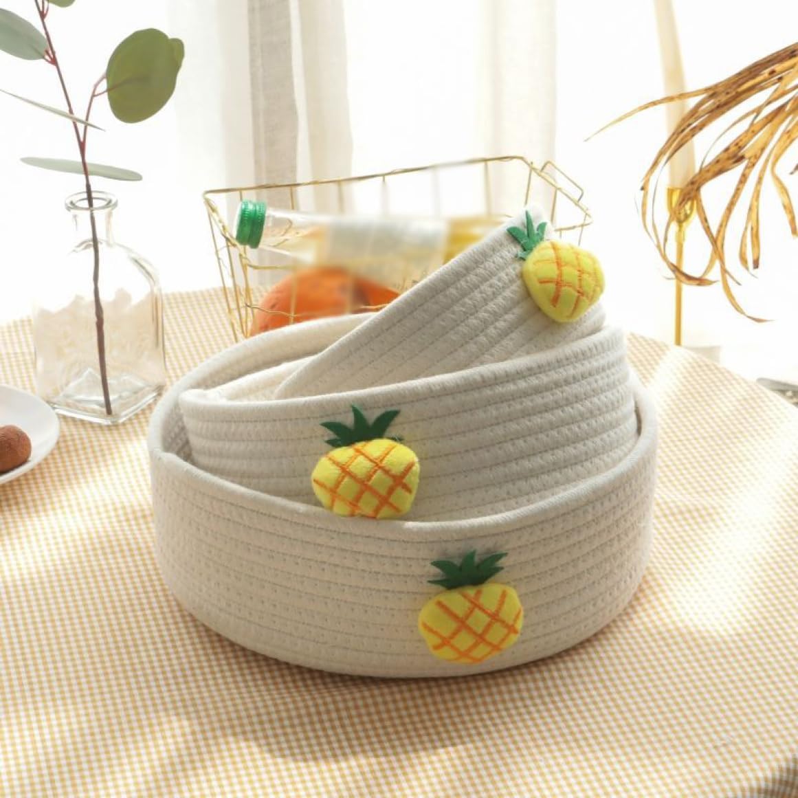 収納バスケット 小物 ナチュラル ホワイト3 S コットン織物ロープ 収納かご 小物入れ 靴下パンツ収納 卓上収納 装飾用 多用途 編み込み かわいい オフィス収納 部屋収納 リモコン キー 洗える