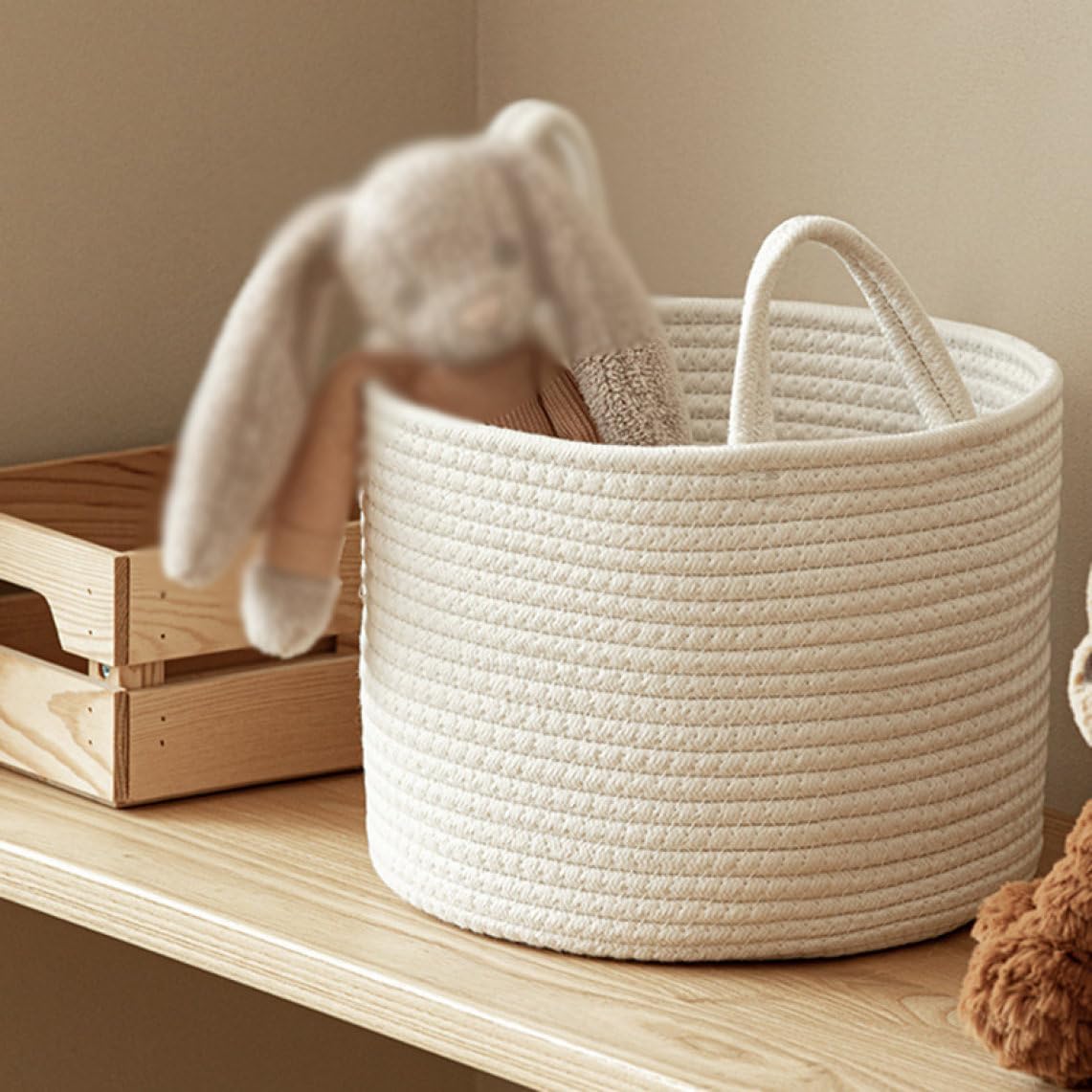コットンロープランドリーバスケット キュート S 織物の収納バスケット 毛布 洋服 おもちゃ収納 手作りのギフト ホームデコ 大容量 収納バスケット 折りたたみ ホワイト2 ロープストレージ 持ち手付
