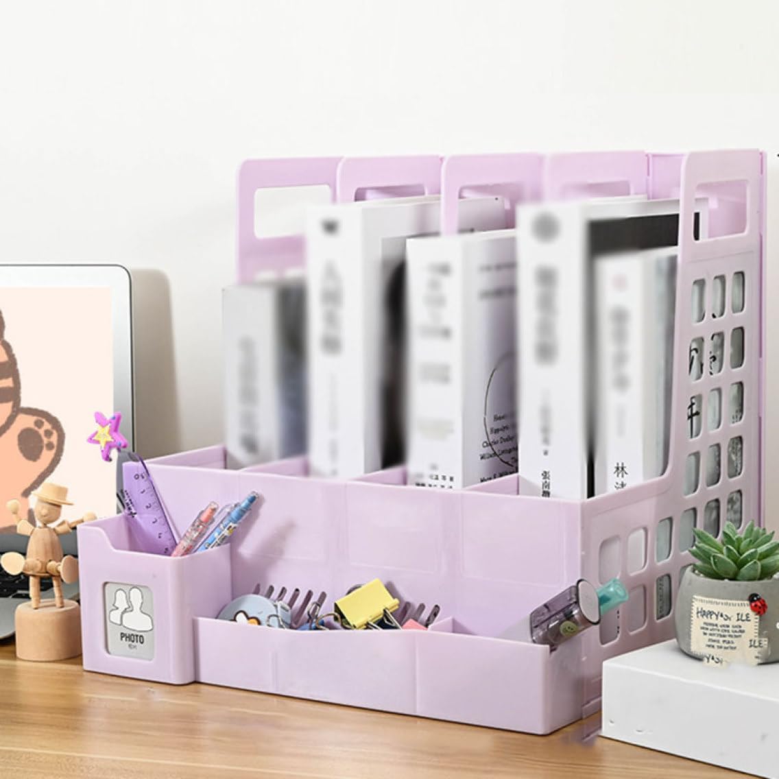 4 ファイルボックス ファイルスタンド ホーム オフィス用品 書類ケース 4段 小物入れ プラスチック 事務用品 ライトパープル a4 デスク上置棚 書類立て 本立て オフィス整理 ファイル収納 書類