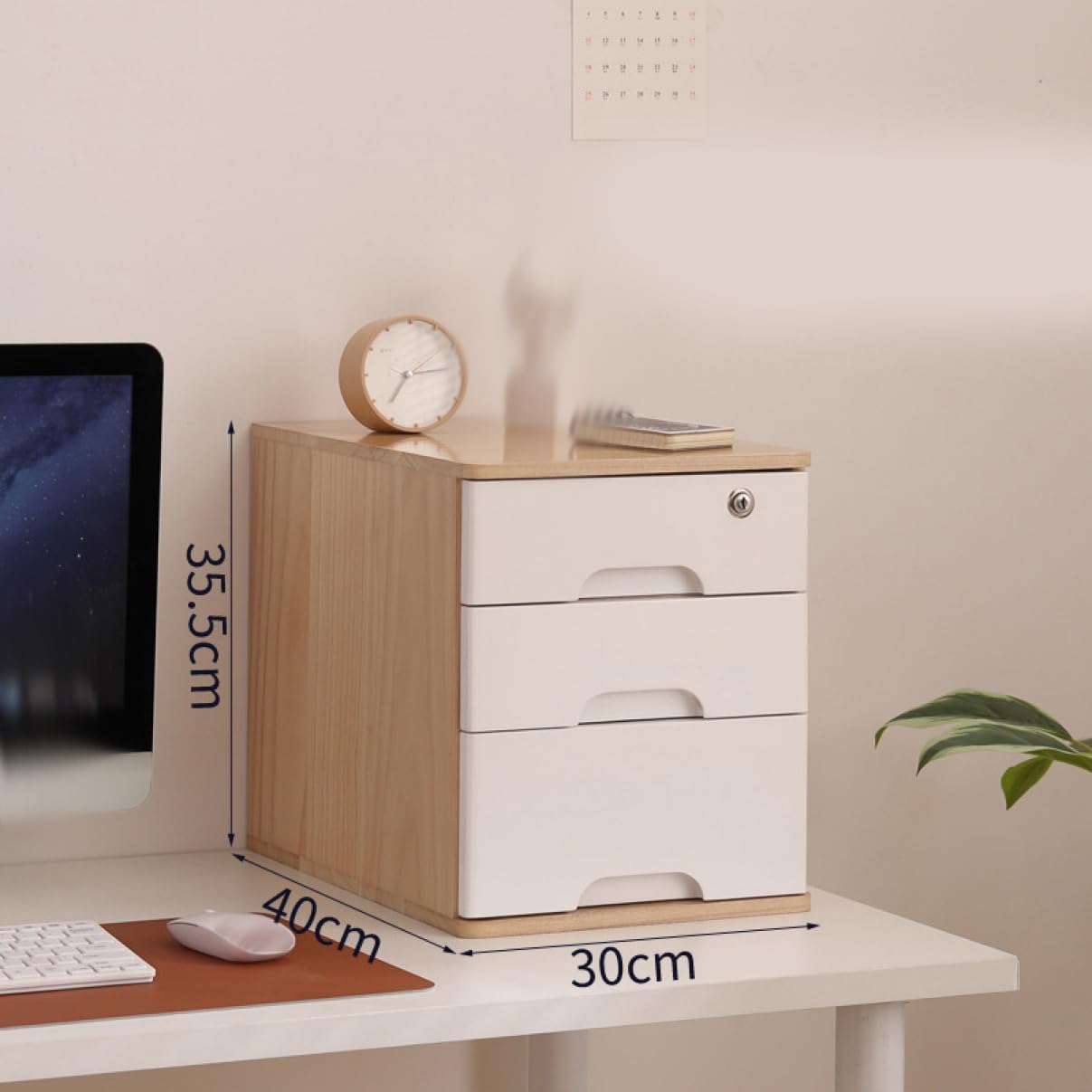 Libre777の鍵付き 小物チェスト 収納ボックス 引出し 木製 大容量 レターケース 1段引出し 小物収納チェスト デスク上置棚 完成品 ナチュラル スタイル1 多機能 化粧品収納 書類収納 30*40*36cm｜アングル2