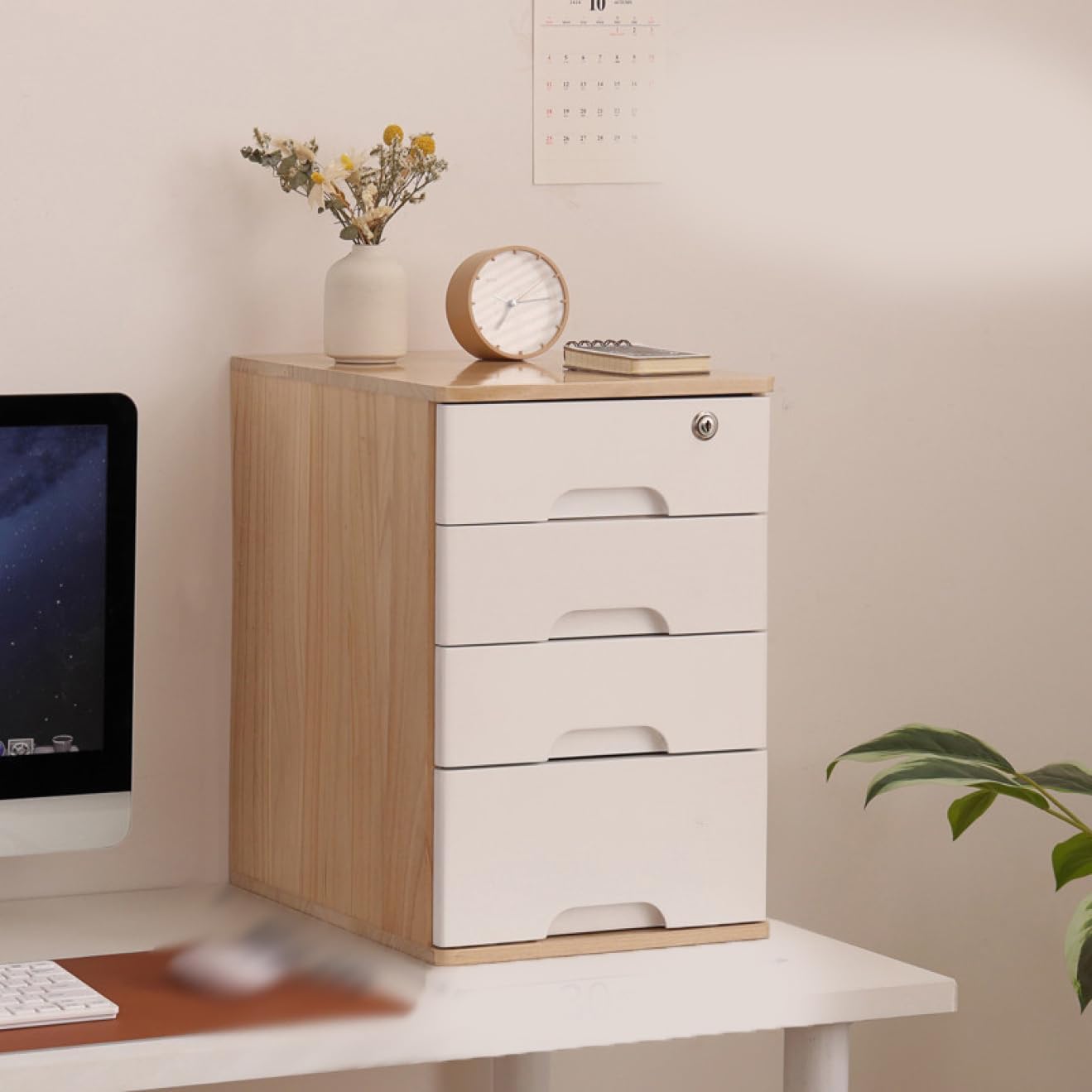 Libre777の鍵付き 小物チェスト 収納ボックス 引出し 木製 大容量 レターケース 1段引出し 小物収納チェスト デスク上置棚 完成品 ナチュラル スタイル1 多機能 化粧品収納 書類収納 30*40*36cm｜アングル3