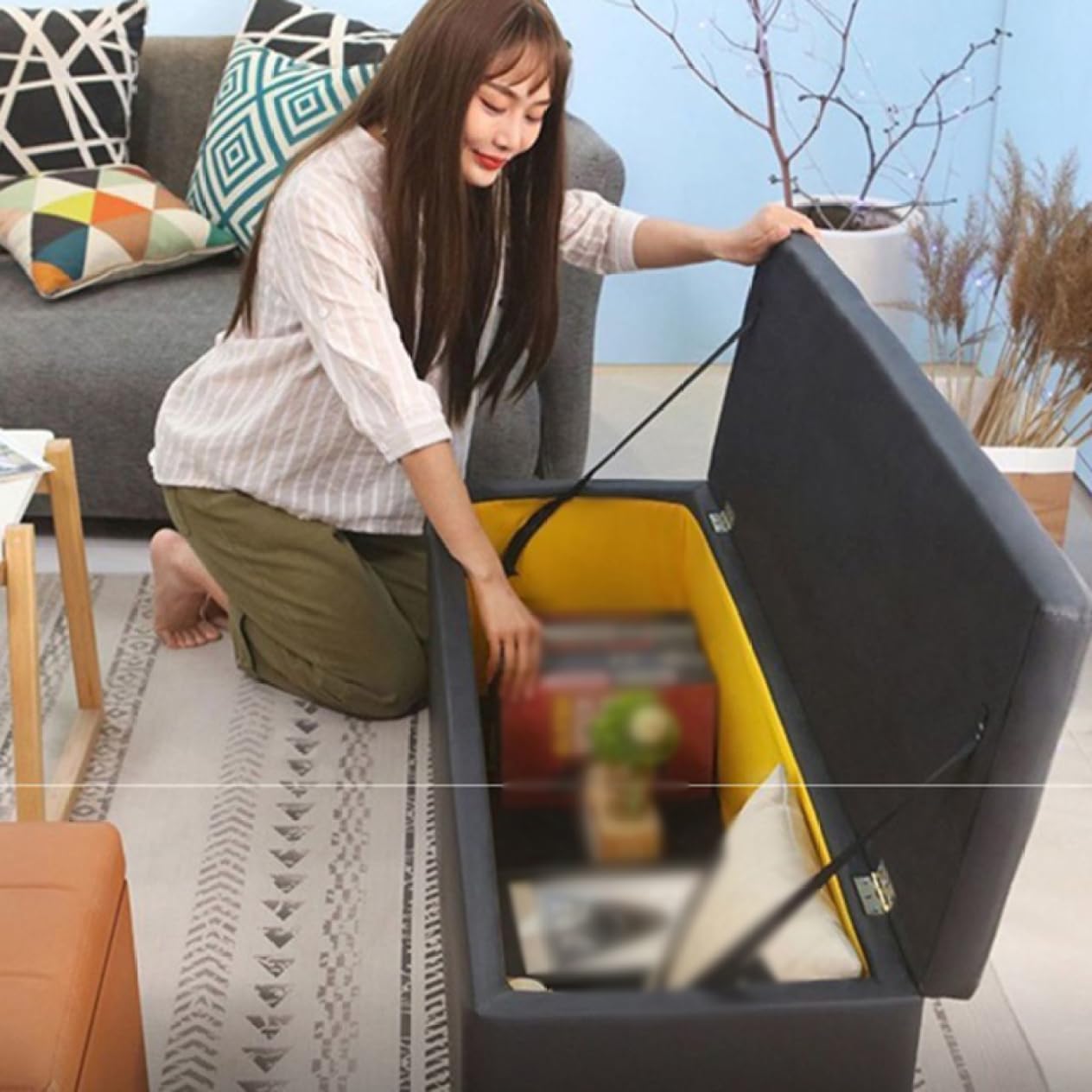 Libre777のオットマン 収納ベンチ 収納スツール 収納ボックス 折りたたみ式 座れる収納ボックス おもちゃ収納 ブラウン 衣類収納 ストレージチェア 収納ケース 和風 大容量 足置き 踏み台 座椅子 持ち運びに便｜アングル3