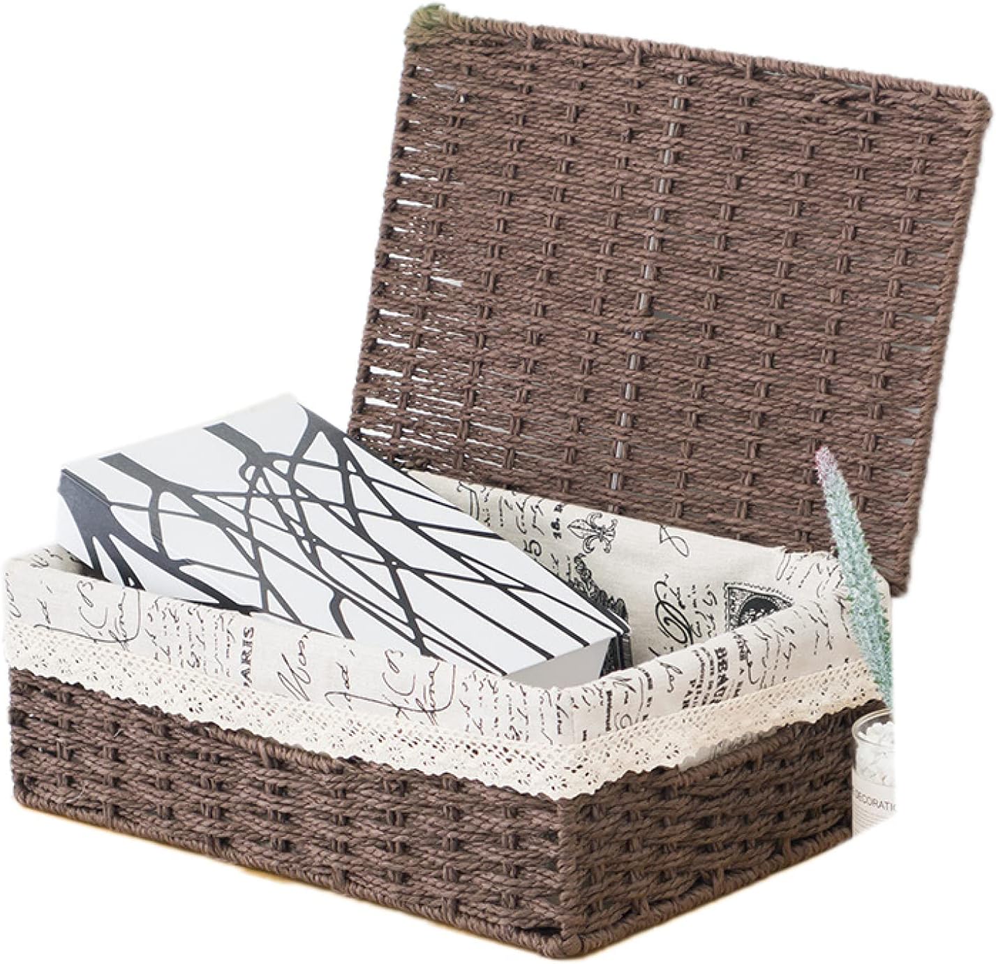 楽天Libre777収納バスケット 浅型 蓋付き コーヒー色 籐収納かご 浅型収納かご 雑貨収納 藤編み 収納カゴ F*1 果物入れ フルーツバスケット お菓子 インテリア 小物入れ 化粧品 書類 洗える インナー付き