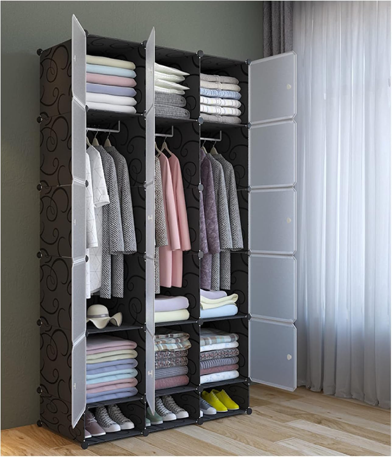 Libre777のワードローブ おしゃれ収納棚 衣類収納 洋服収納 クローゼット 収納ケース 収納ボックス DIY収納 収納棚 耐久性 防塵 鉄筋の骨組 取り外し可能 耐荷重 リビング 大容量 北欧風 耐久性 改良型｜アングル2