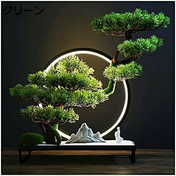 人工盆栽 9インチ人工盆栽松の木、現実的な偽の植物の装飾、小さな僧侶の彫像、デスクトップの陳列、禅庭の装飾 人工観葉植物