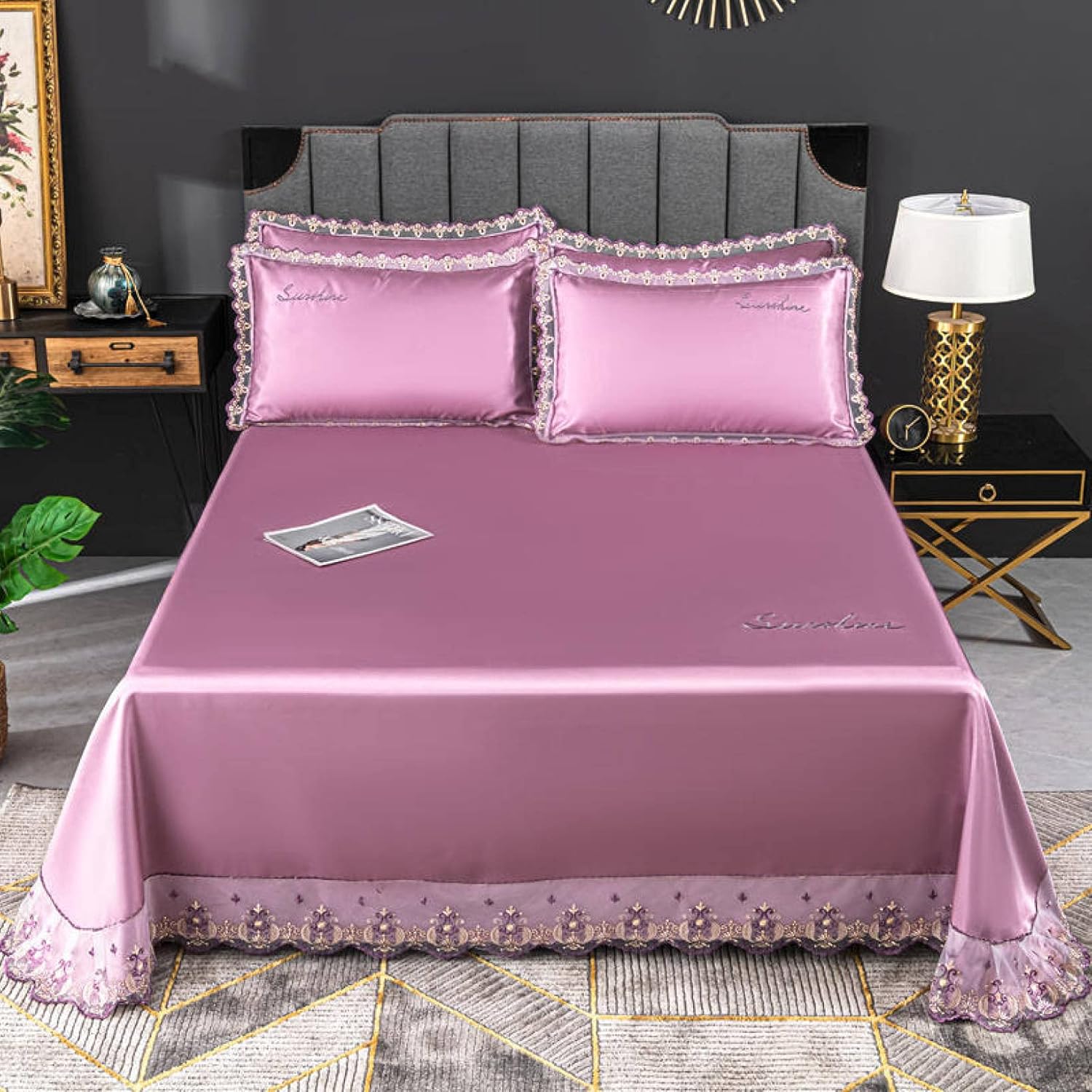 レース ベッドカバー かわいい 3点セット 布団カバー 洋式 上品 寝具カバーセット 接触冷感 夏 レーヨン パープル 形崩れにくい フラットシーツ 枕カバー シングル ダブル DH セミダブル 華奢