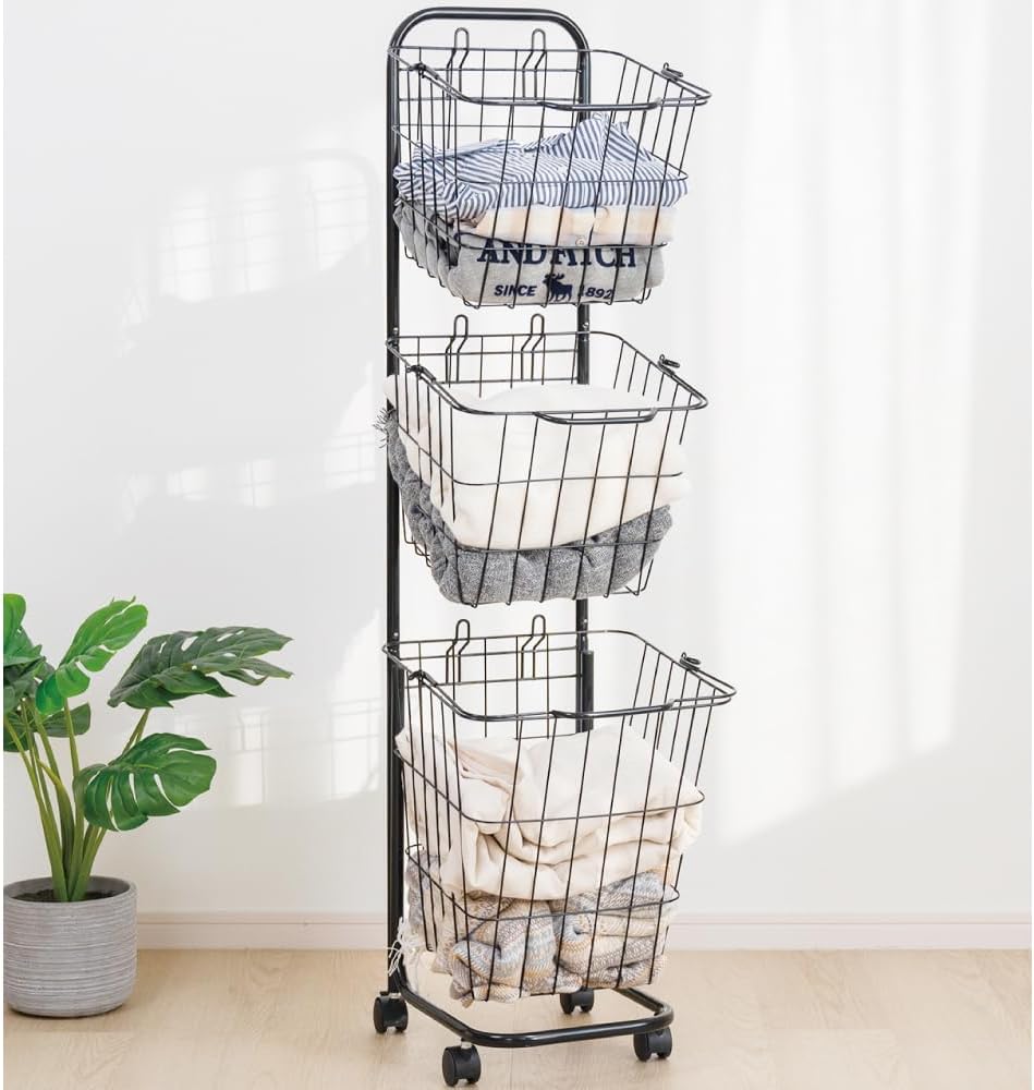 ランドリーバスケット キャスター付き 3段 収納ラック 洗濯かご ランドリー収納 洗濯物入れ バスケット..