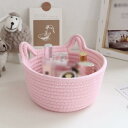 コットンロープ 円形 バスケット かご 21*12cm バスケット 収納ボックス ピンク おしゃれ 編み 猫の耳飾り 北欧 ランドリー収納 トイレットペーパー ...