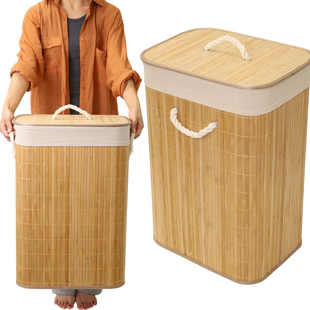 洗濯かご 和風 ランドリー バスケット カゴ 折りたたみ 45L 蓋付き 竹製 抗菌 消臭 内布 取り外し可能 軽量 コンパクト 洗濯物入れ 洗濯かご 四角 スクエア 脱衣かご おしゃれ