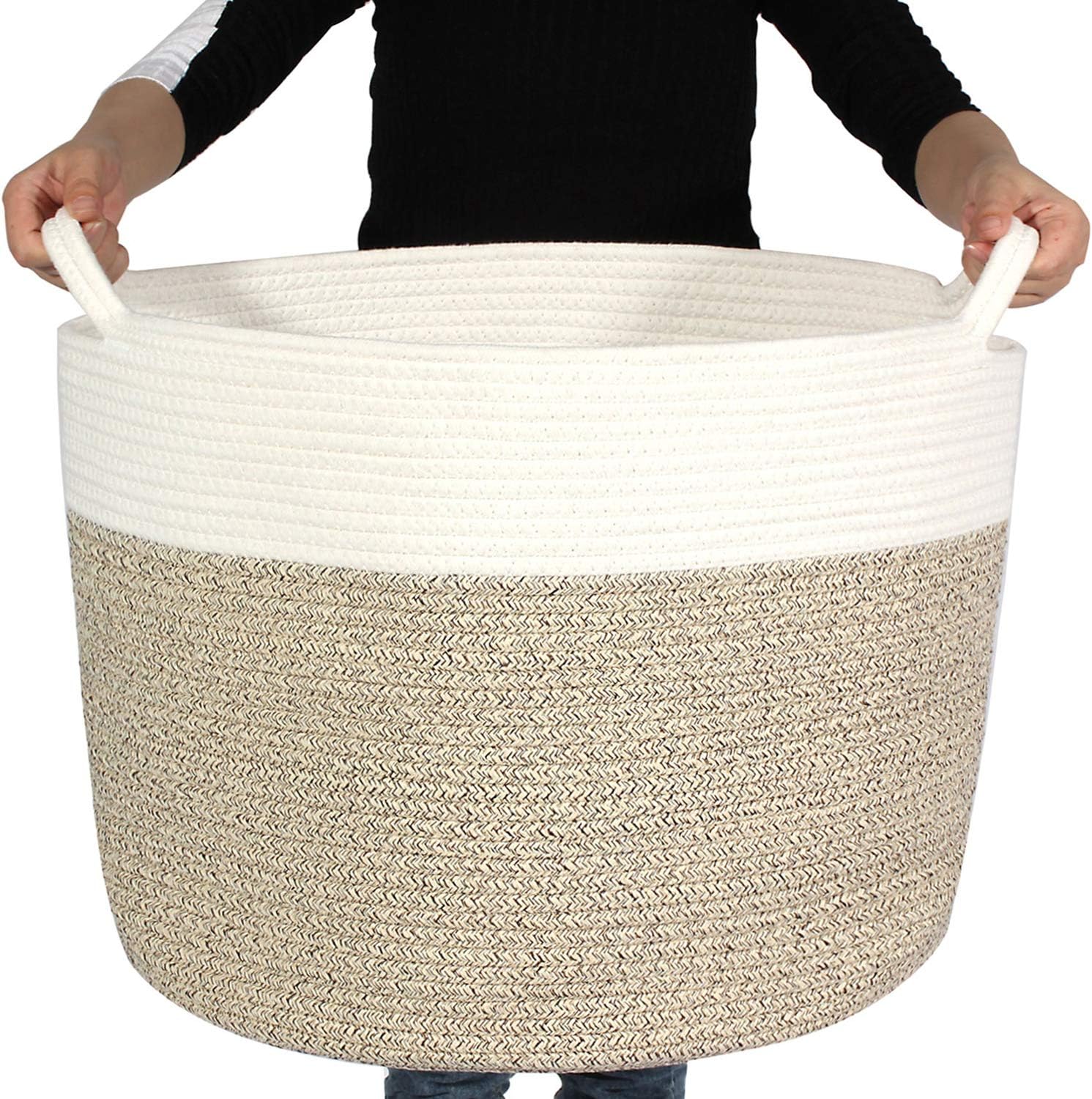 大きな綿のロープバスケット、ランドリー織りバスケット 毛布/子供用品収納 、おもちゃボックス 服 タ..