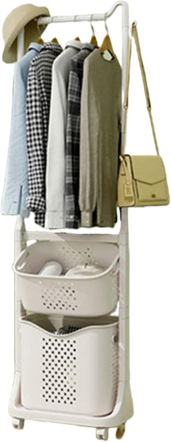 ランドリーバスケットランドリースクエアバスケット 収納バスケットランドリーラック ランドリーボックスランドリーワゴンタオルハンガー付き キャスター付き 取り外し可能 脱衣カゴ 洗濯物入れ 2段大容量
