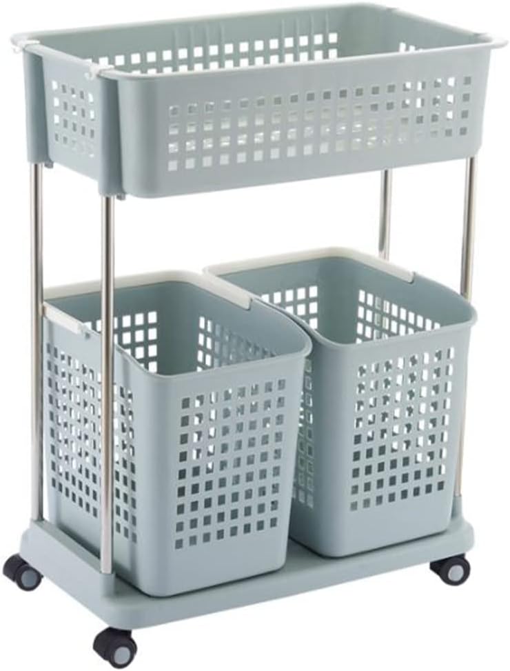 ランドリーバスケット スリム 2段 キャスター付き Wタイプ 大容量 収納 洗濯かご スクエア ワゴン 洗濯カゴ