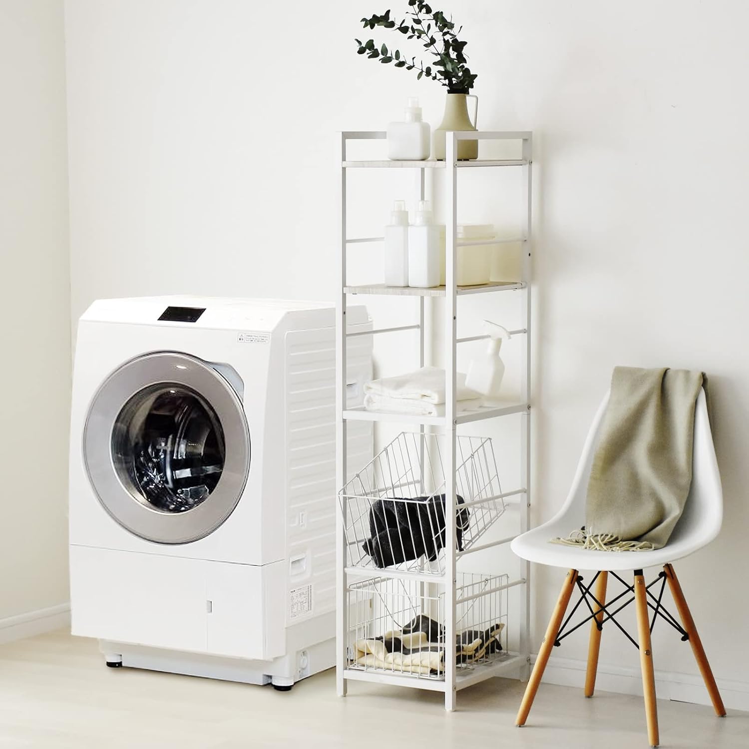 ランドリーラック スリム 5段 バスケット付き 幅34.5cm 収納 隙間収納 可動棚 オーク レヤード 16574