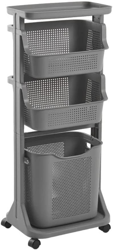 ランドリーワゴン 洗濯かご 2段 洗濯バスケット ランドリーバスケット スリム メッシュ 大容量 キャスター付き 脱衣所 トイレ キッチン 収納ラック (グレー 3段)