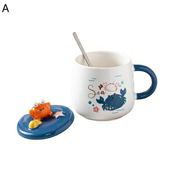 マグカップ ティーカップ セラミック カニ 白 可愛い コーヒーカップ 蓋付き スプーン付き 保温 耐熱 ..