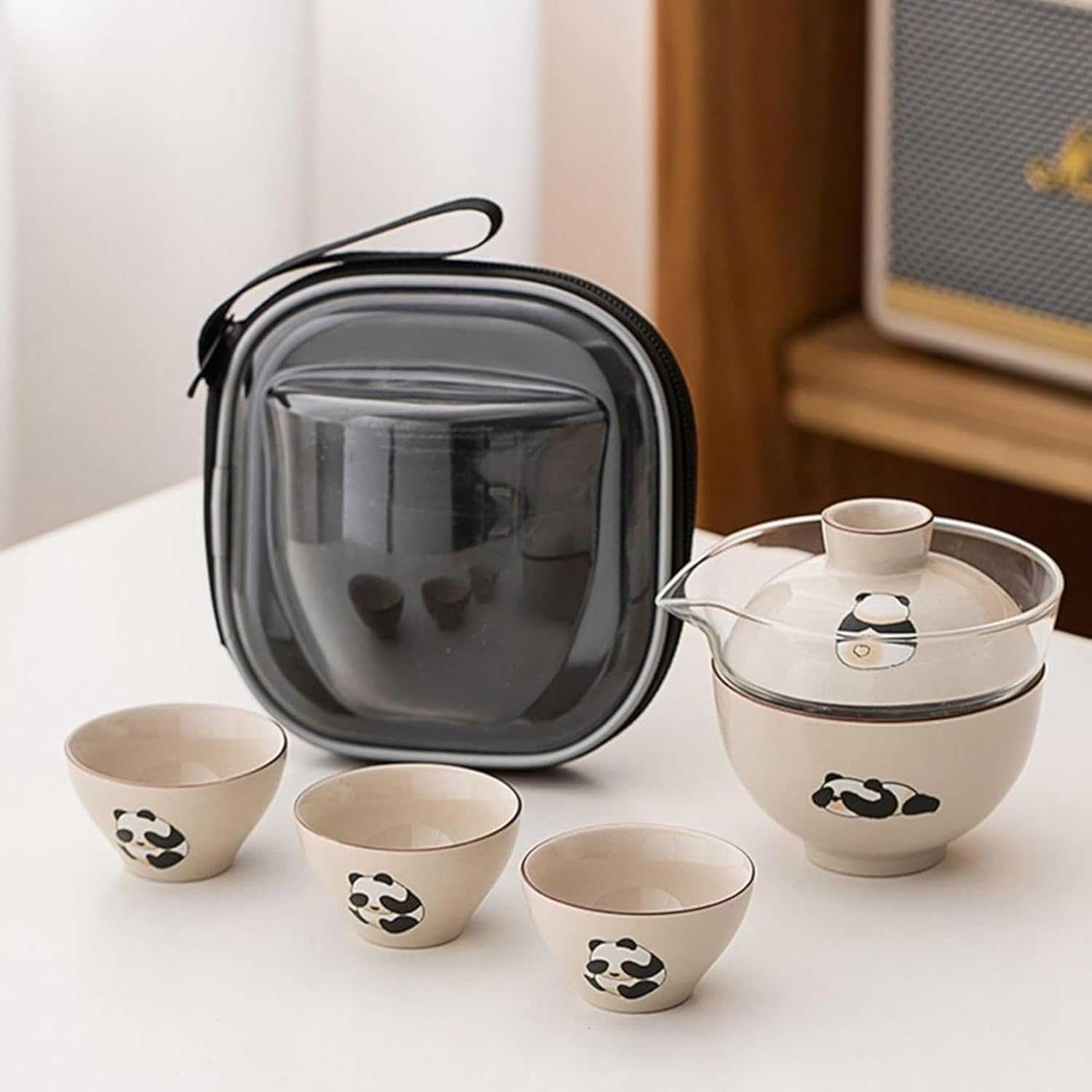 茶器セット 携帯急須 旅行ティーセット パンダ柄 湯呑み 陶磁 蓋つき ポータブル コンパクト 携帯用茶..