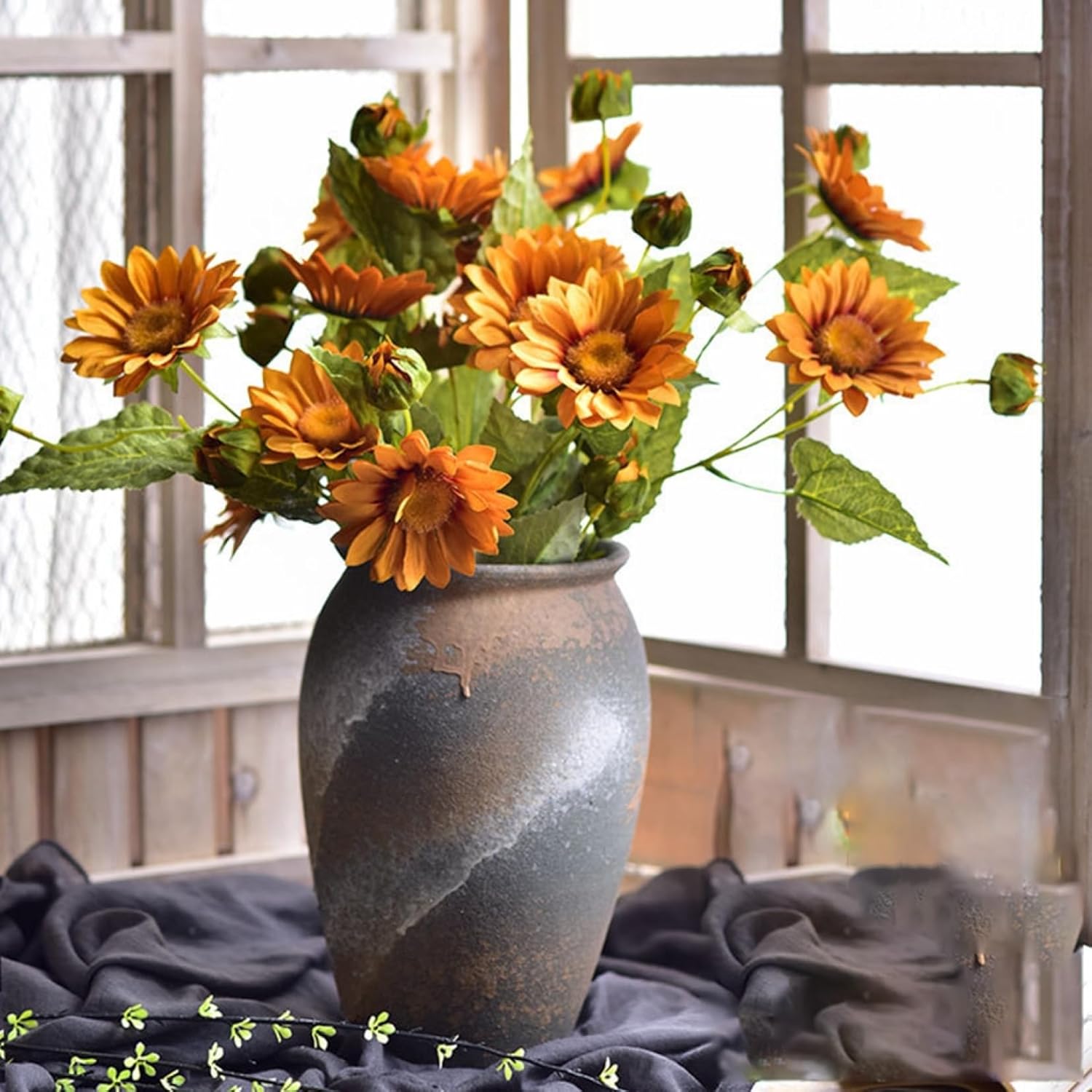 造花 太陽菊 絹花の花束 陶器花瓶付き 人工観葉植物 大きい キレイ フェイクフラワー 枯れない花 イン..