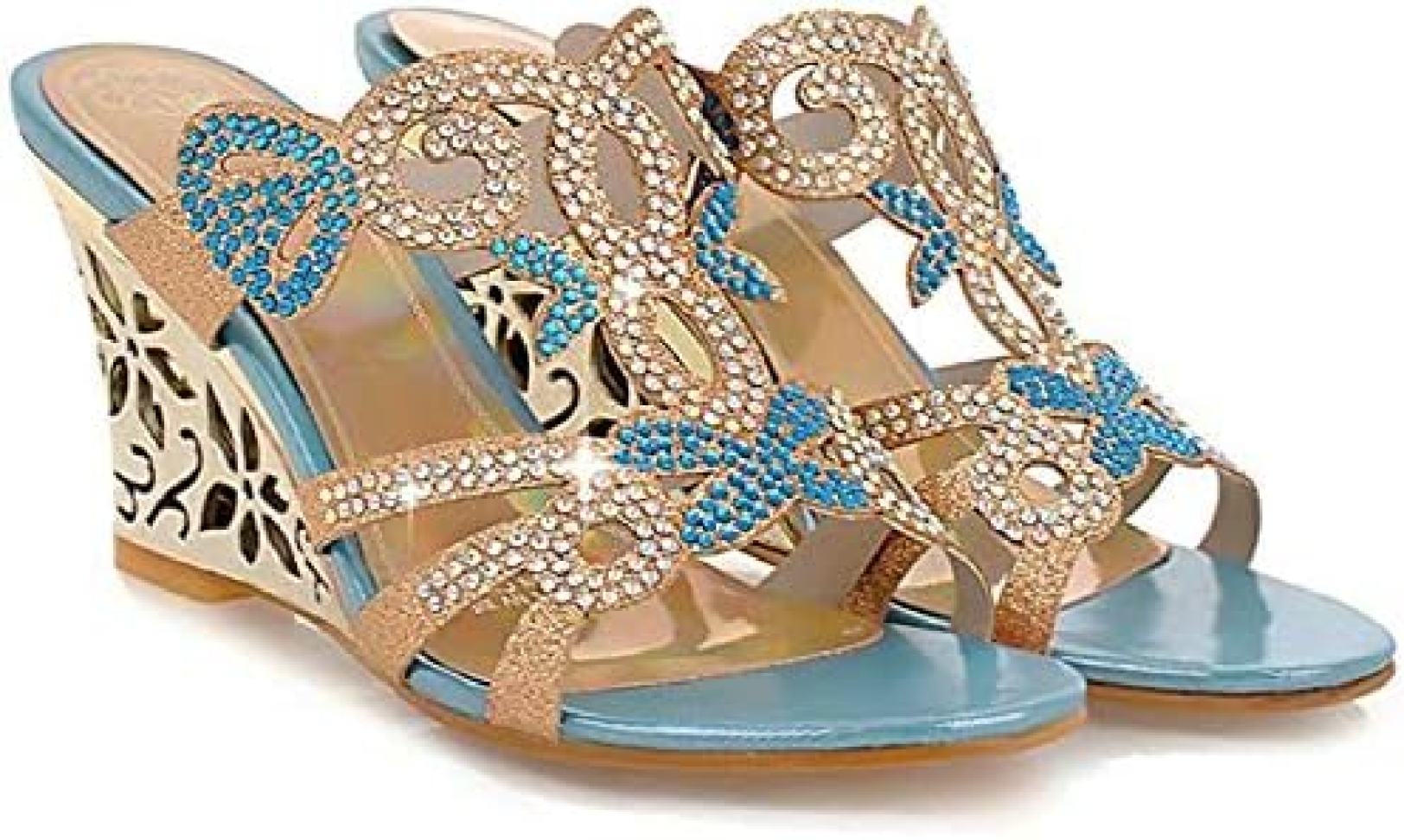 レディースミュールサンダル ウェッジソールミュール ウェッジヒール ミュール レディースサンダル ハイヒール キラキラ ビジュー付きサンダル ミュール レディースゴールド 歩きやすい ハイヒールオープ