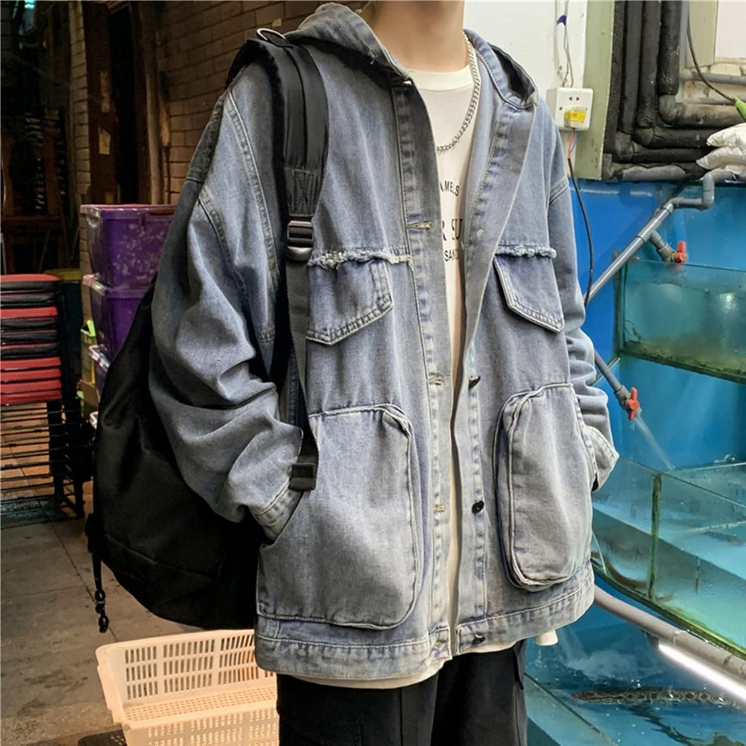 ウォッシュ加工　デニムジャケット　ジャン　メンズ　フード付き　春秋　防風　防寒　お出かけ　通勤　通学　カジュアル　デニムコート　ジージャン　おしゃれ　かっこいい　着回し　ゆったり　大きいサイズ　M-2