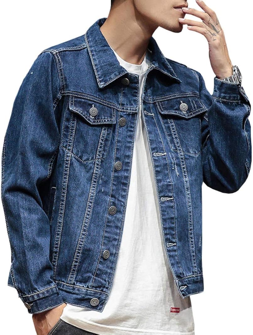 ジャン メンズ 春秋 大きいサイズ M-XXXL ショート丈 折り襟 デニムジャケット 長袖 薄手 ヴィンテージ風 防風 防寒 ストレッチ 修身 快適 おしゃれ ウォッシュ加工 無地 ジージャン ブル
