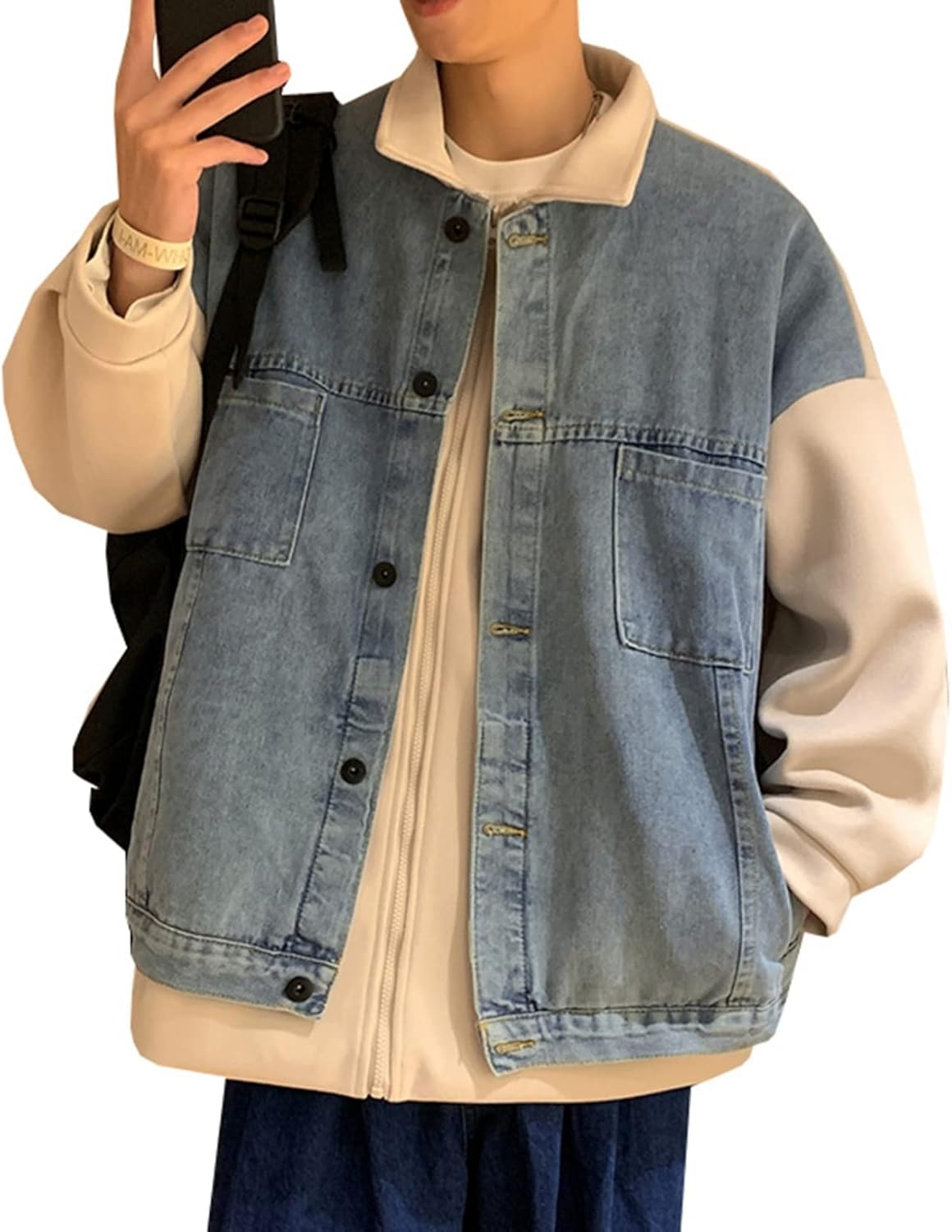 重ね着　ジャン　デニムジャケット　メンズ　春秋　おしゃれ　かっこいい　着回し　デニムコート　ジージャン　カジュアル　お出かけ　通勤　通学　防風　防寒　ゆったり　大きいサイズ　スプライス　ブラック　ベー