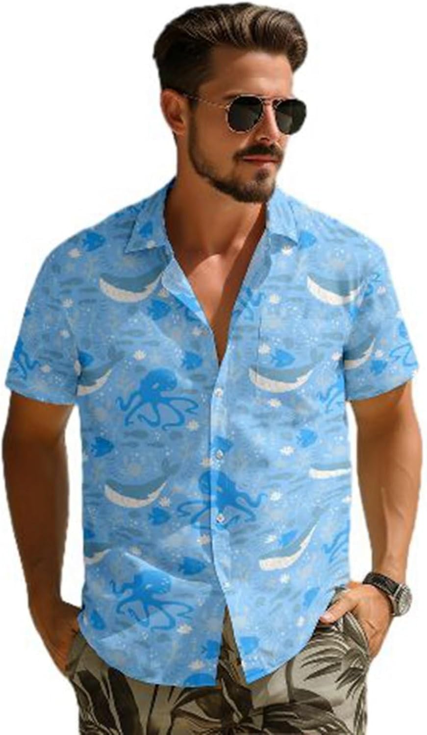 花柄シャツ 半袖シャツ メンズ 総柄 夏用 涼しい 薄手 アロハシャツ クジラ タコ柄 ハワイ風 ビーチシ..