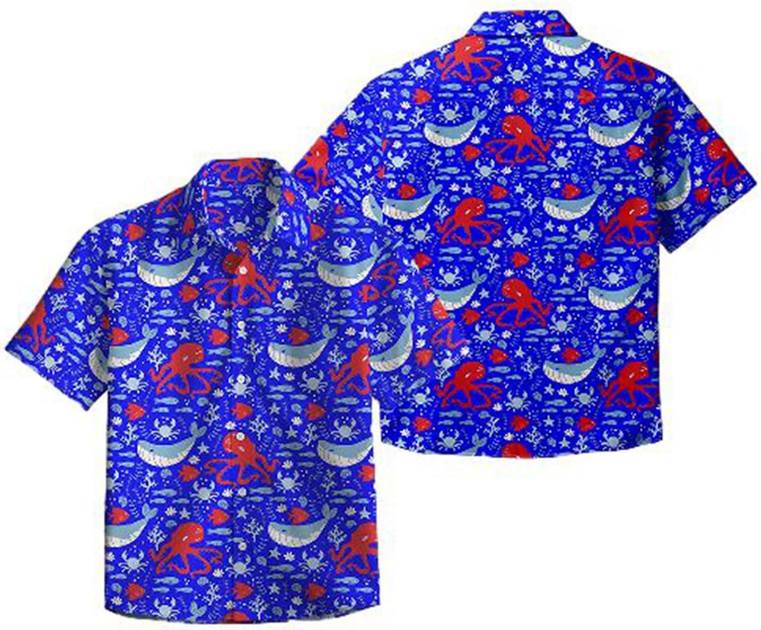 ビーチシャツ メンズ たこ クジラ 魚柄 アロハシャツ 総柄 夏用 薄手 ハワイアン UVカット カジュアル ..