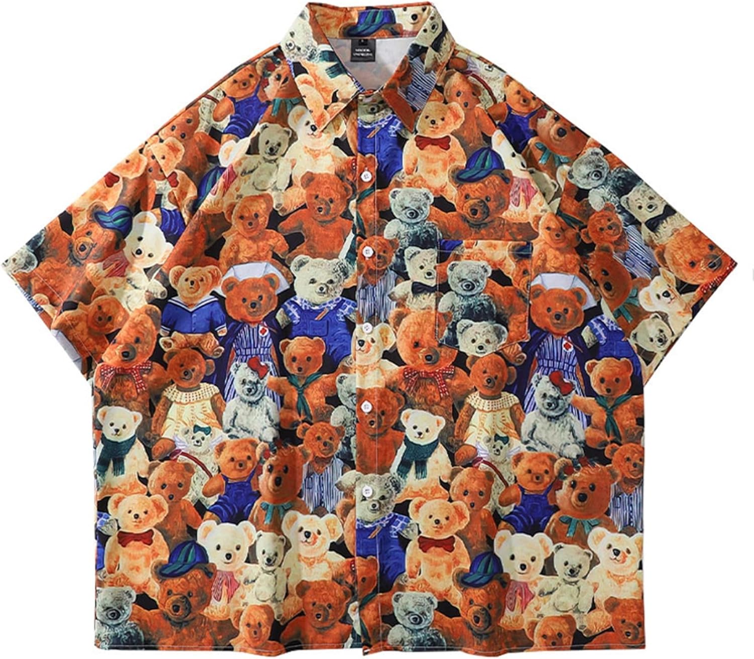 半袖シャツ メンズ クマ柄シャツ カジュアルシャツ 開襟 夏服 原宿風 総柄 アメリカ風 テディベア柄 ストリート アロハシャツ ラベル ..