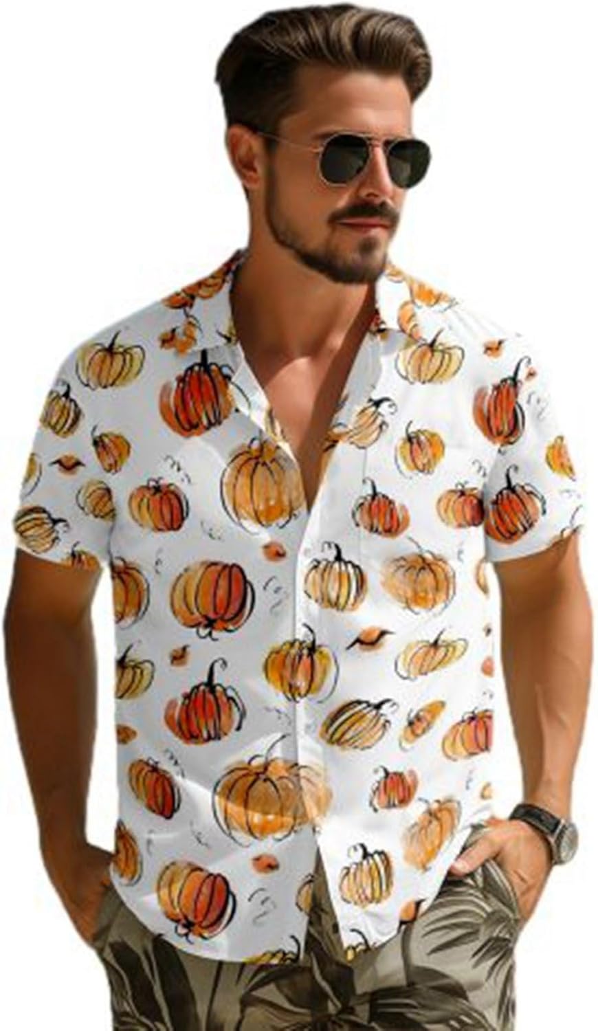ビーチシャツ 総柄 夏用 アロハシャツ メンズ 半袖 ハワイ風 かぼちゃ柄 プリント 綿 薄手 通気性 アウ..