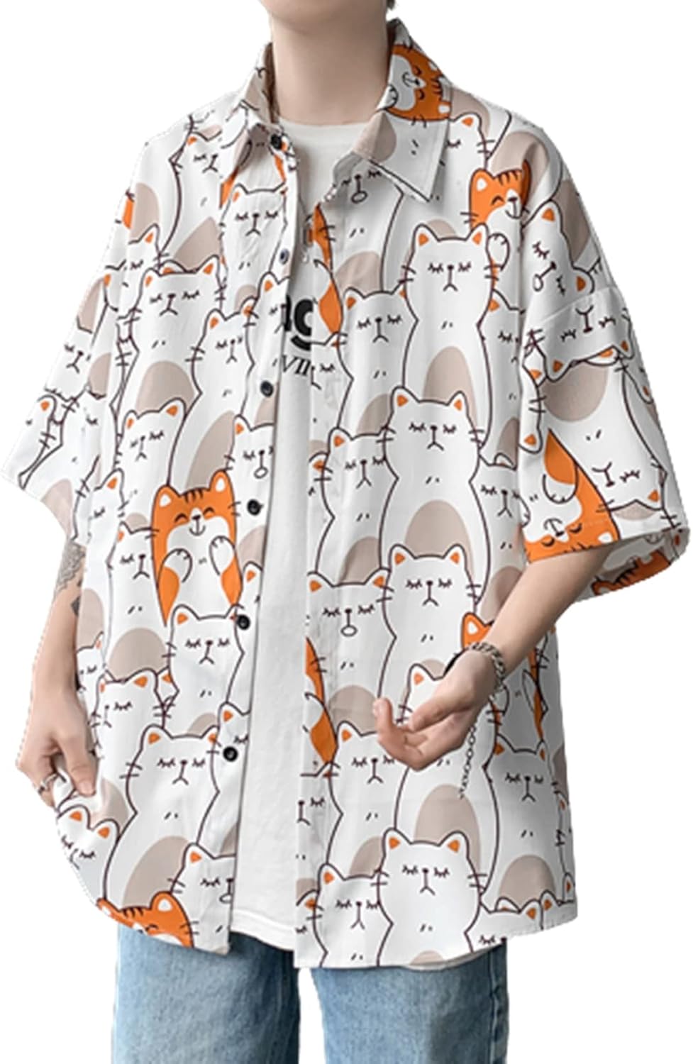 猫柄 半袖シャツ メンズ 夏 総柄 ねこ柄 アロハシャツ ハワイアン 折り襟 軽い カーディガン 上着 カジュアルシャツ おおきいサイズ 速乾 通気 ストリート 原宿系 ビーチシャツ 海 アウトドア(4)