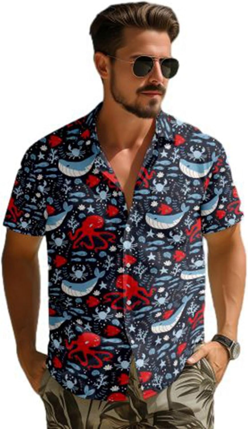 ビーチシャツ メンズ タコ柄 鯨 総柄 アロハシャツ 半袖 ハワイ風 夏服 紫外線カット カジュアル かっ..