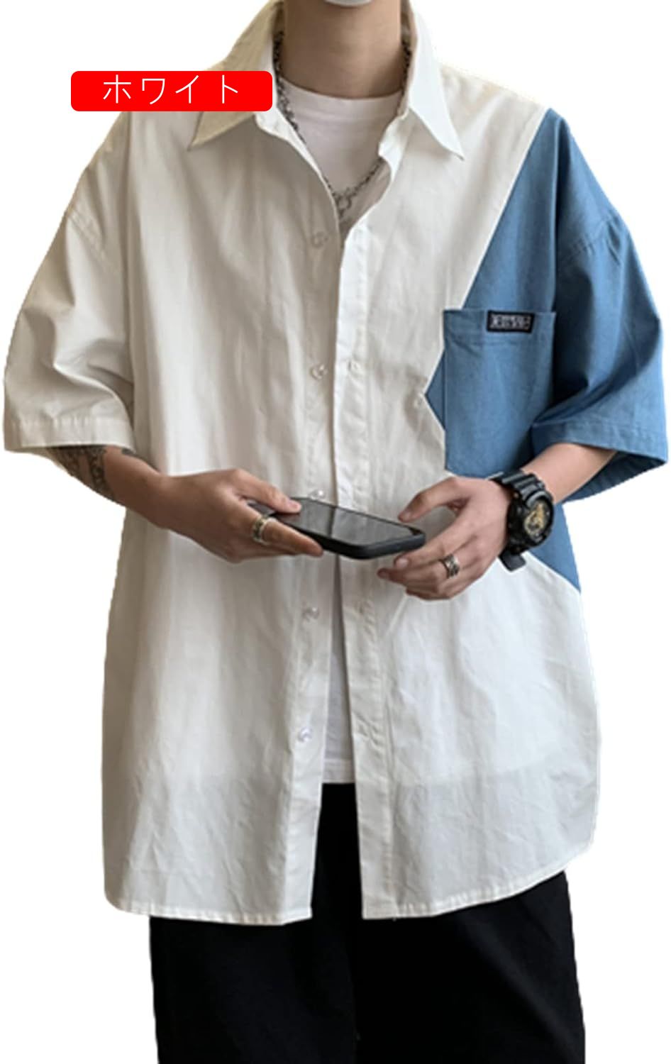 ワークシャツ パッチワーク デニムシャツ 半袖 メンズ 夏用 トップス 開衿 ライトアウター 薄手 軽量 ..