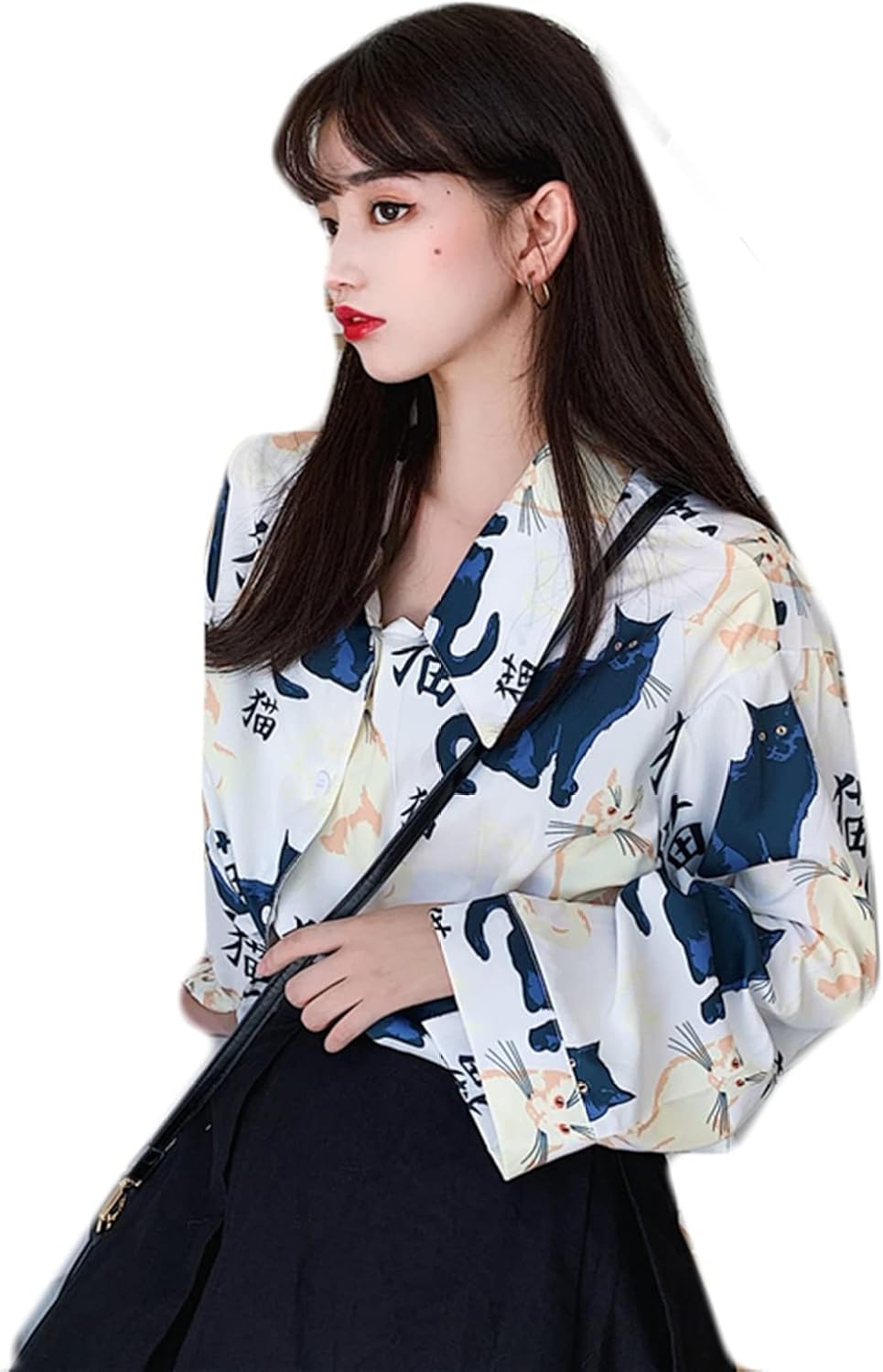 猫柄 シャツブラウス レディース ねこ 総柄 プリントシャツ 襟付き トップス 長袖シャツ 春服 韓国風 ゆったり 可愛い カジュアルシャツ シック レトロ 通勤 通学 お出掛け
