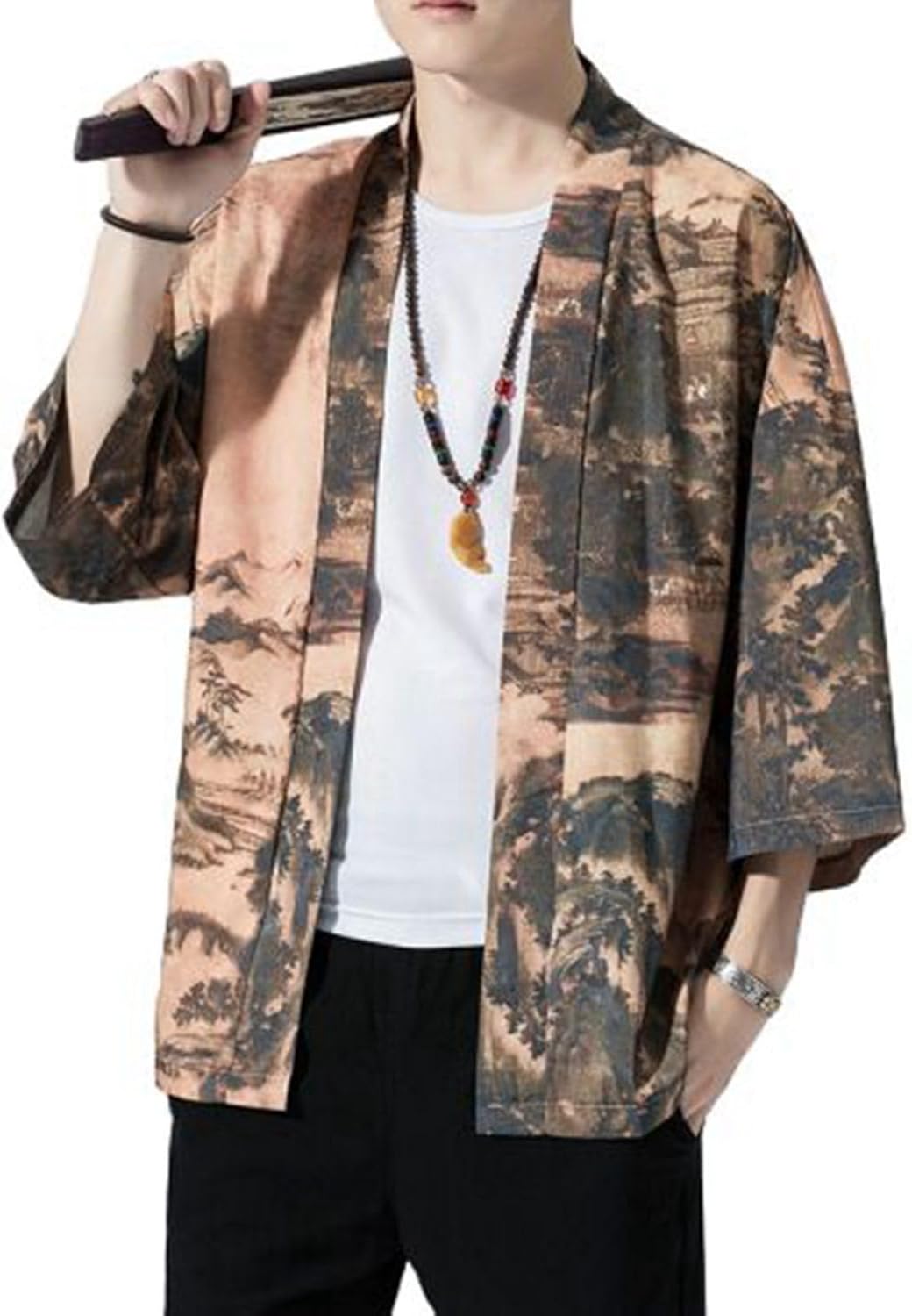 メンズ 和式パーカー 鶴柄 和柄 アウター 夏 七分袖シャツ 甚平 羽織り トップス ゆったり UVカット ジ..