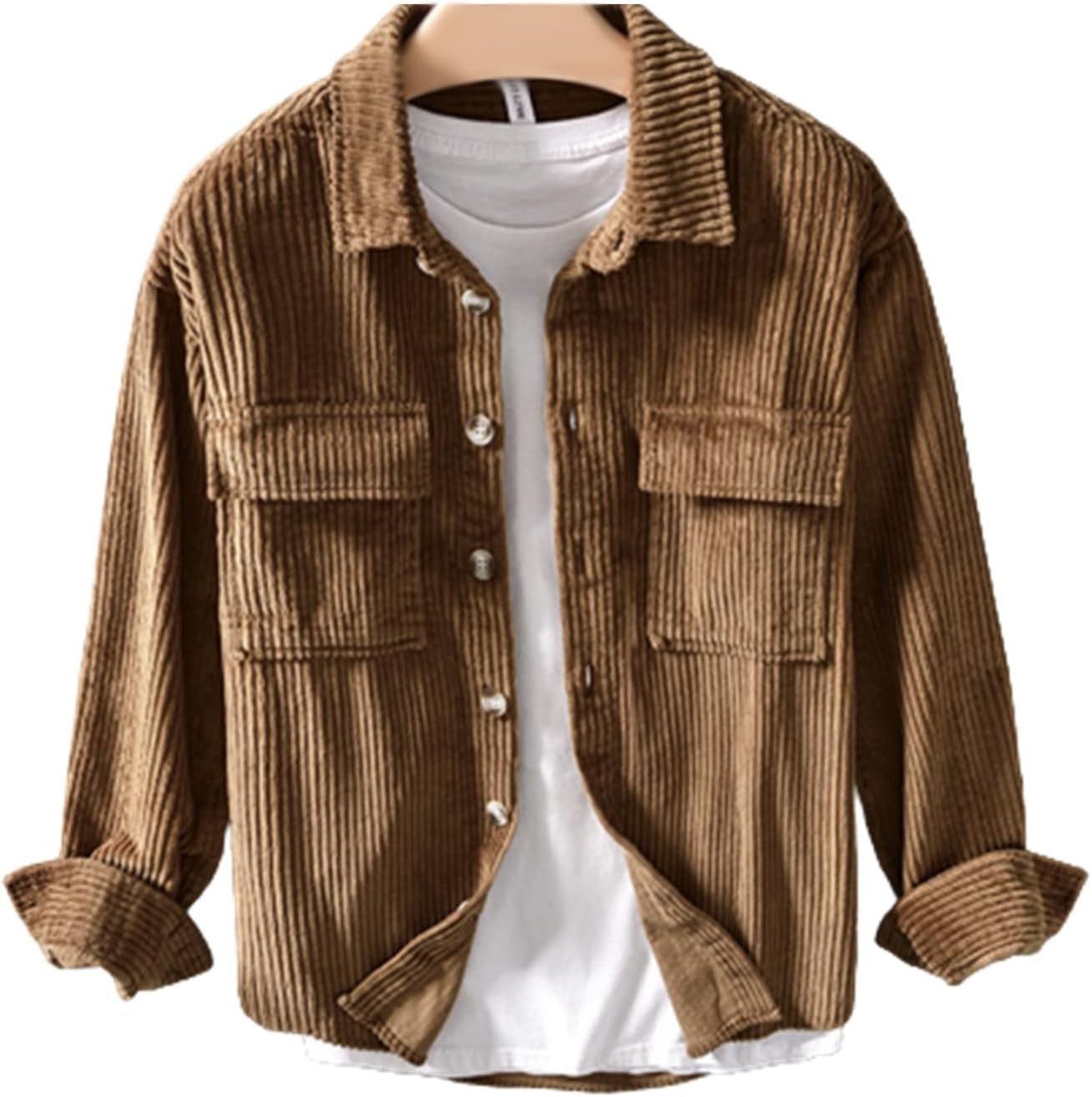楽天Libre777カジュアルシャツ メンズ コーデュロイ 無地 長袖 秋冬 厚手 コットンシャツ 胸ポケット 上着 男性 通勤通学 大きいサイズ ゆったり ソフト 快適 速乾 吸汗 通気 ウオーキング 日常
