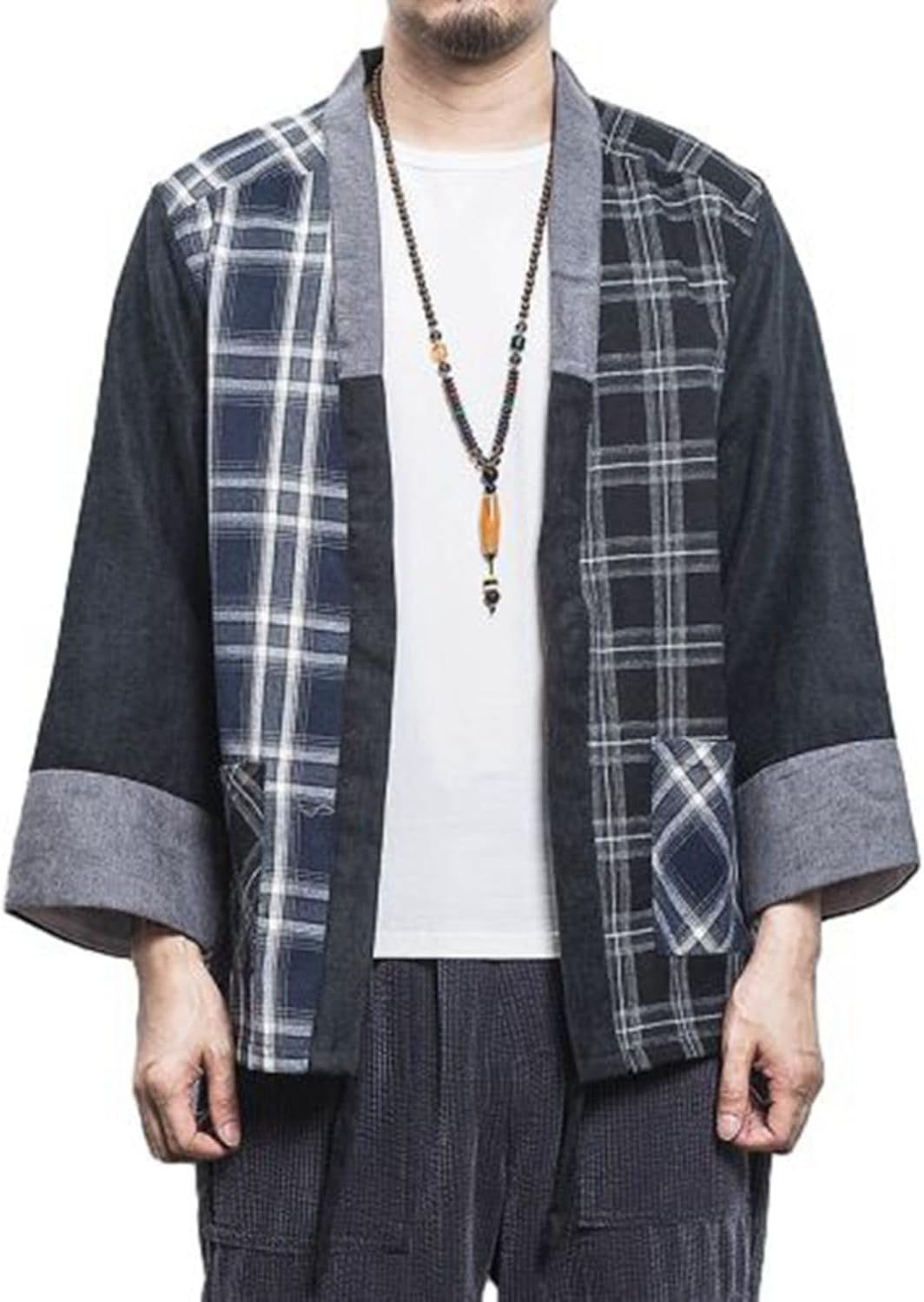 メンズ 和式パーカー チェック柄 羽織り パッチワーク 夏用 カーディガン 長袖シャツ 薄手 着物 羽織ト..