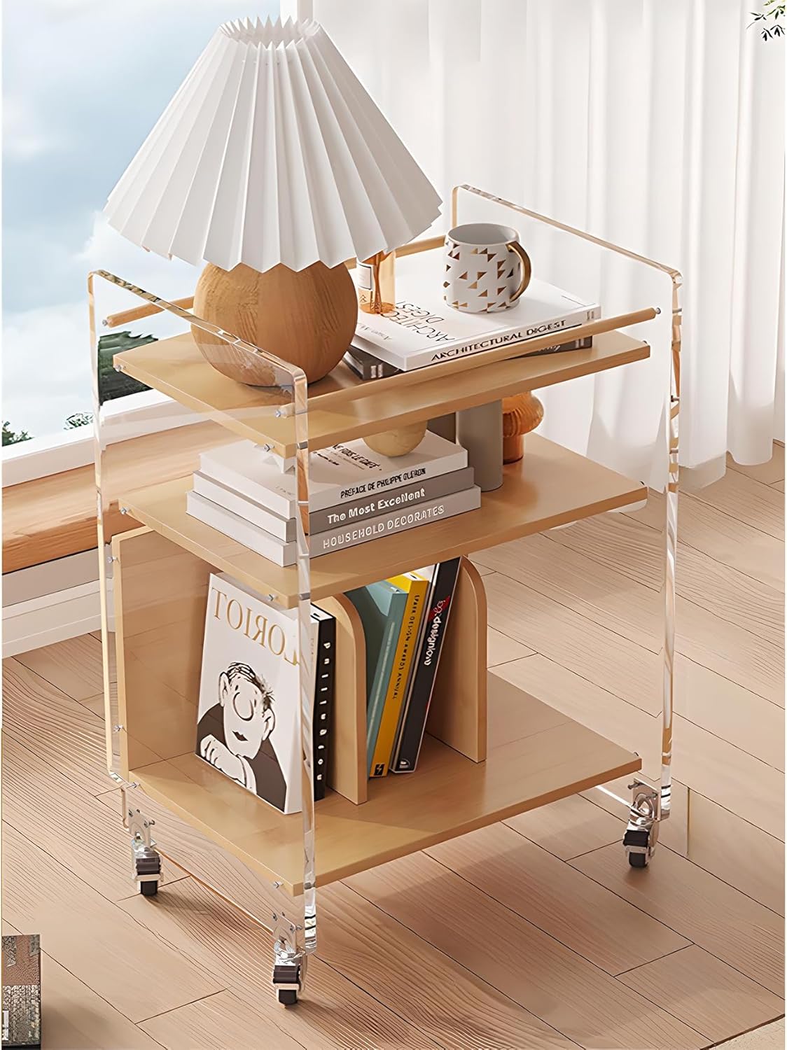 サイドテーブル キャスター付き ベッドサイドテーブル ベッド横 ソファ テーブル 透明 木目調 アクリル..