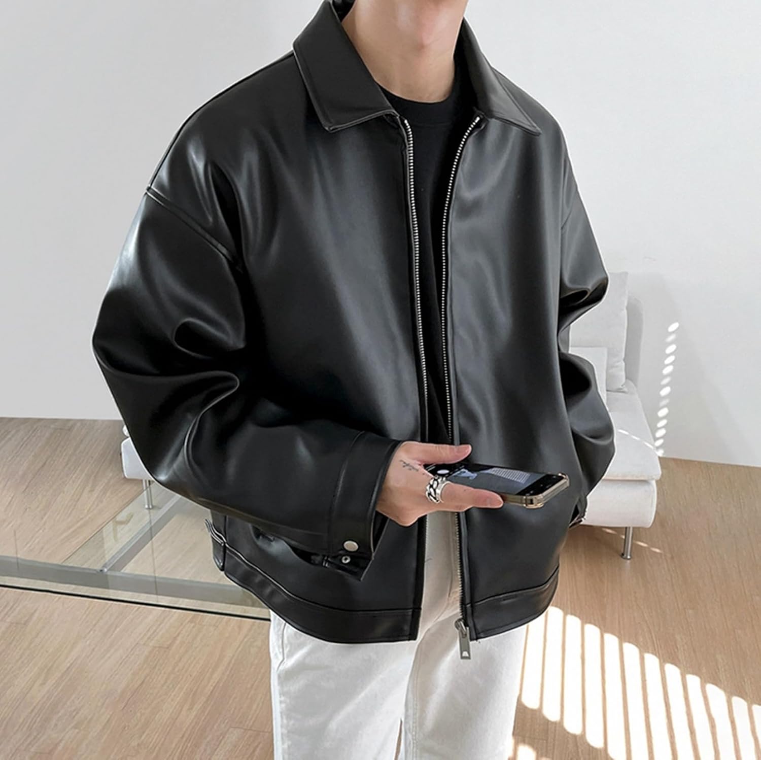 メンズ レザージャケット ライダース PUレザー ブラック カジュアル 革ジャン 春秋 冬 防寒 防風 保温 防水 ブルゾン おしゃれ 韓国 襟付き ファスナー 通学 通勤 お出かけ アウター 大きい