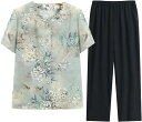 上下セット Tシャツ 半袖 ブラウス 9分丈パンツ ズボン フリル襟 高齢者 老人服 お婆ちゃん シニア 介護服 ゆったり サマー コットン 通気性 涼しい カジュアル リラックス 60代 70代