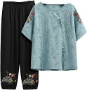 シニアファッション Tシャツ 半袖 セットアップ ママ 婦人用 レディース チュニック 9分丈パンツ ズボン エスニック 刺繍 コットン ゆったり 通気性 涼し...