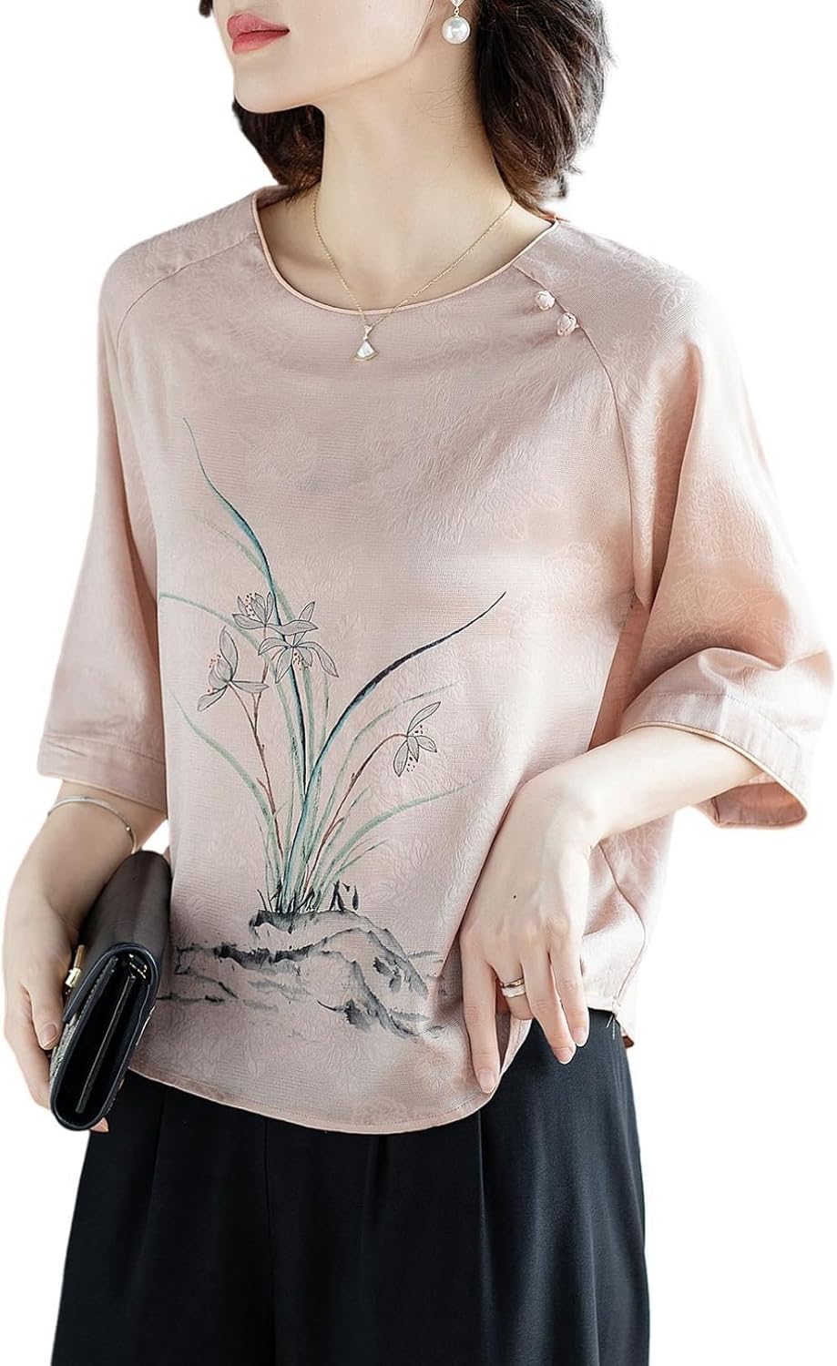 セットアップ Tシャツ 半袖 ブラウス トップス 蘭柄 ラグランスリーブ 中華風 イージーパンツ 9分丈 綿麻 冷感 高齢者 シニアファッション 中高年 大きいサイズ 夏服 お出かけ リゾート 50代