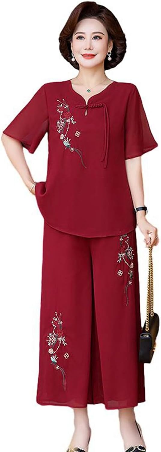 シニアファッション tシャツ 半袖 トップス セットアップ 刺繍 シフォン 中高年 レディース 夏服 イージーパンツ 9分丈 ゆったり 通気性 涼しい ルームウェア 部屋着 母の日 婦人服 中高年