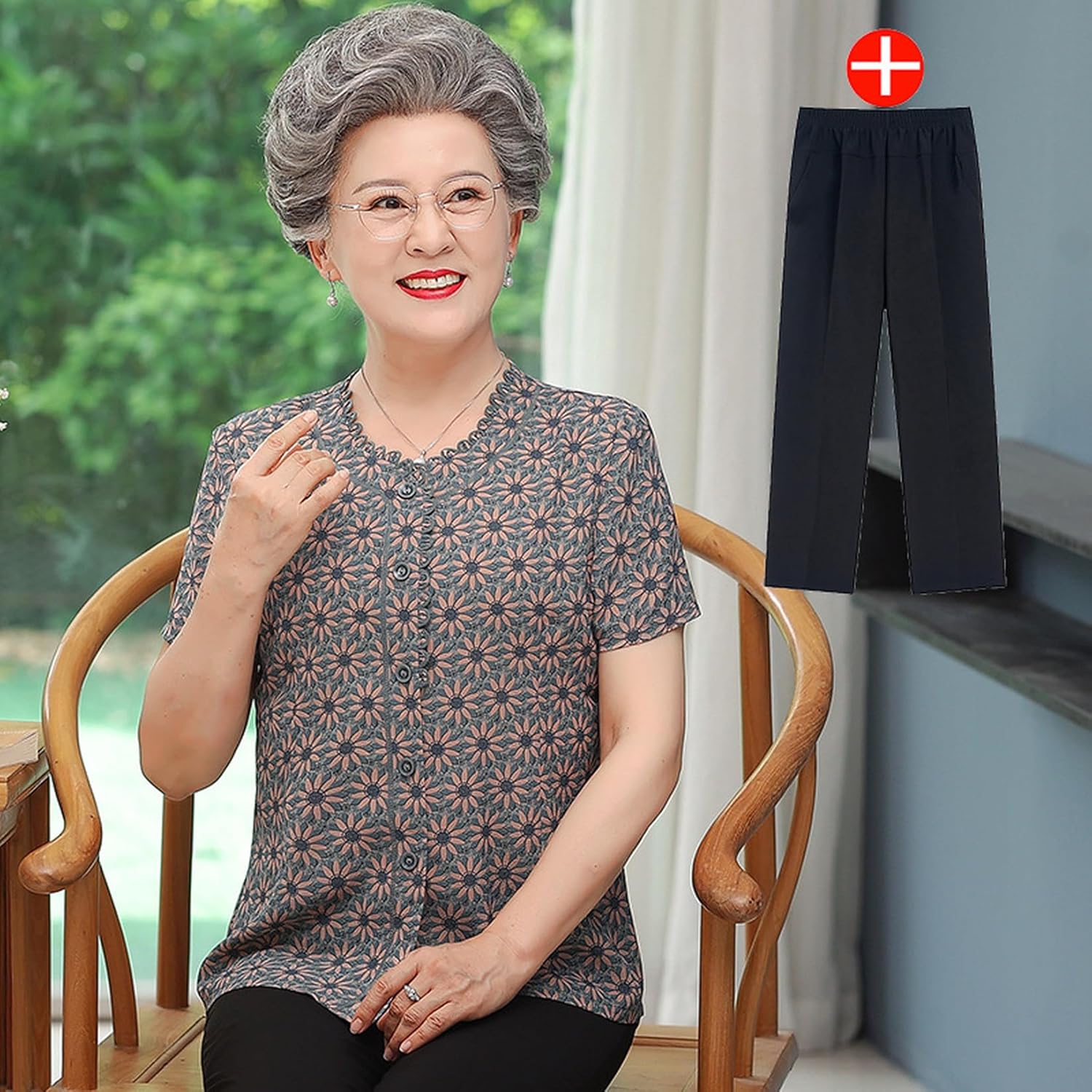 シニアファッション Tシャツ 半袖 トップス 上下セット 中高年 レディース 夏着 イージーパンツ 9分丈 総柄 花柄 ゆったり 薄手 通気性 お出かけ リゾート 部屋着 敬老の日 高齢者