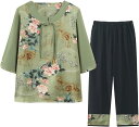 セットアップ Tシャツ 半袖 チュニック 9分 ワイドパンツ 牡丹柄 高齢者 おばあちゃん シニア ママ 婦人用 大きいサイズ サマー 綿麻 冷感 肌に優しい ホーム お出かけ リゾート 60代 70