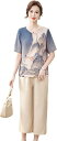 セットアップ Tシャツ 半袖 ブラウス イージーパンツ 9分丈 中華風 山柄 高齢者 シニアファッション お婆ちゃん服 体型カバー 夏着 コットン 通気性 涼しい ホーム 通勤 お出かけ 60代 70