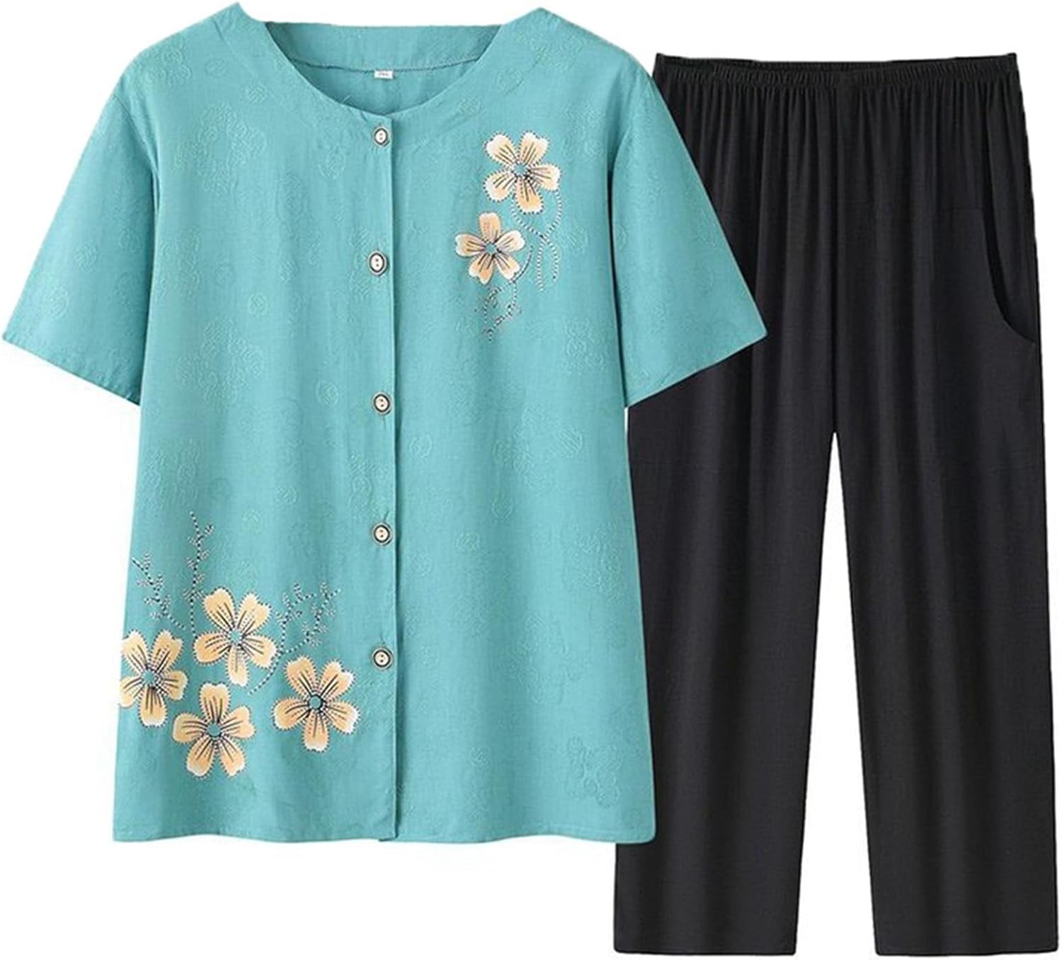 セットアップ tシャツ 半袖 桜柄 ブラウス 9分 ワイドパンツ 夏服 綿麻 高齢者 レディース 婦人服 中高年 老人 ボタンダウン 体型カバー 薄手 通気性 ホーム お出かけ リゾート 60代 70