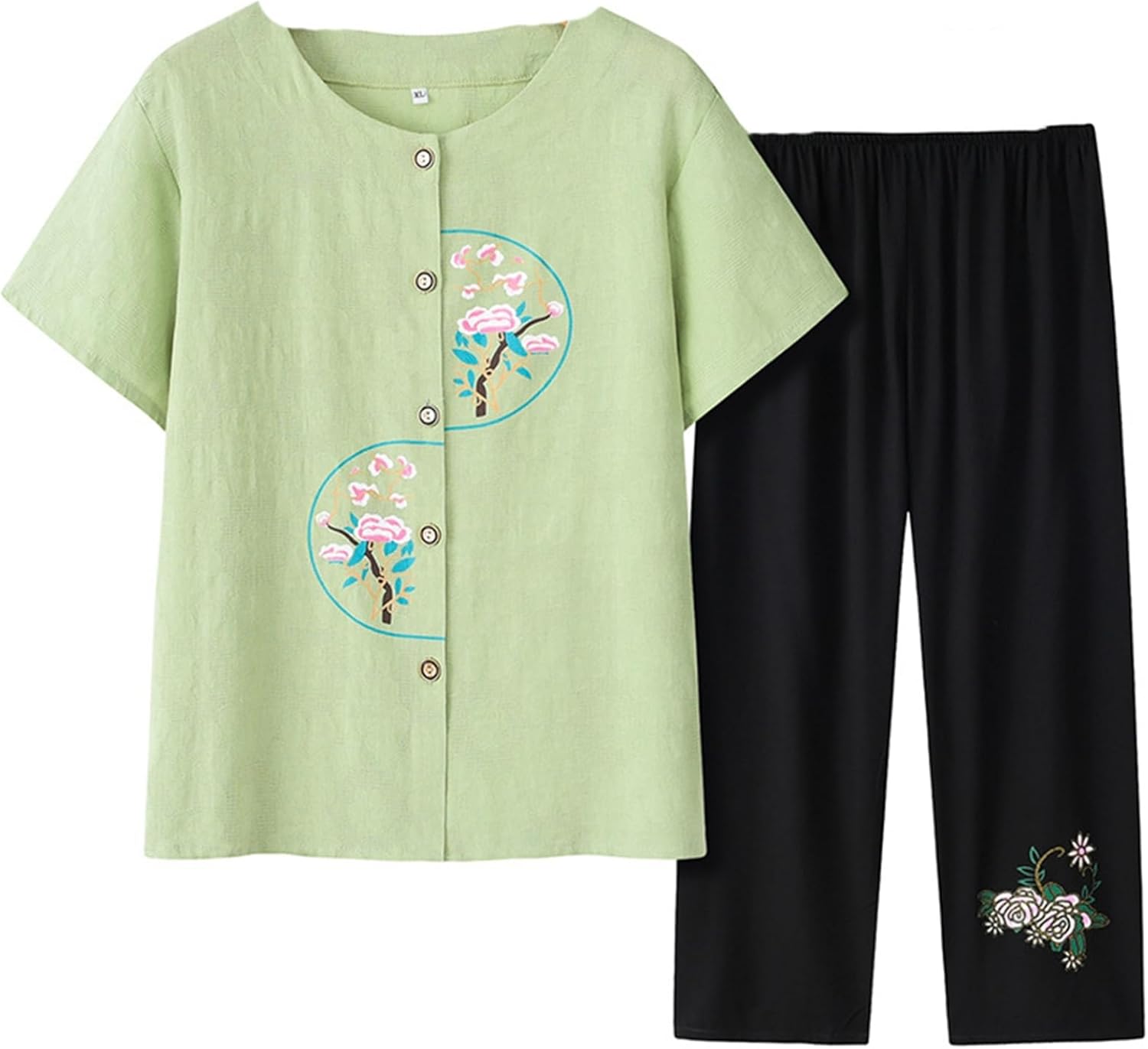 シニアファッション Tシャツ 半袖 セットアップ 老人服 梅柄 お婆ちゃん レディース トップス 9分丈パンツ ズボン ボタン 綿麻 ゆったり 通気性 涼しい ルームウェア 部屋着 敬老の日 プレゼン